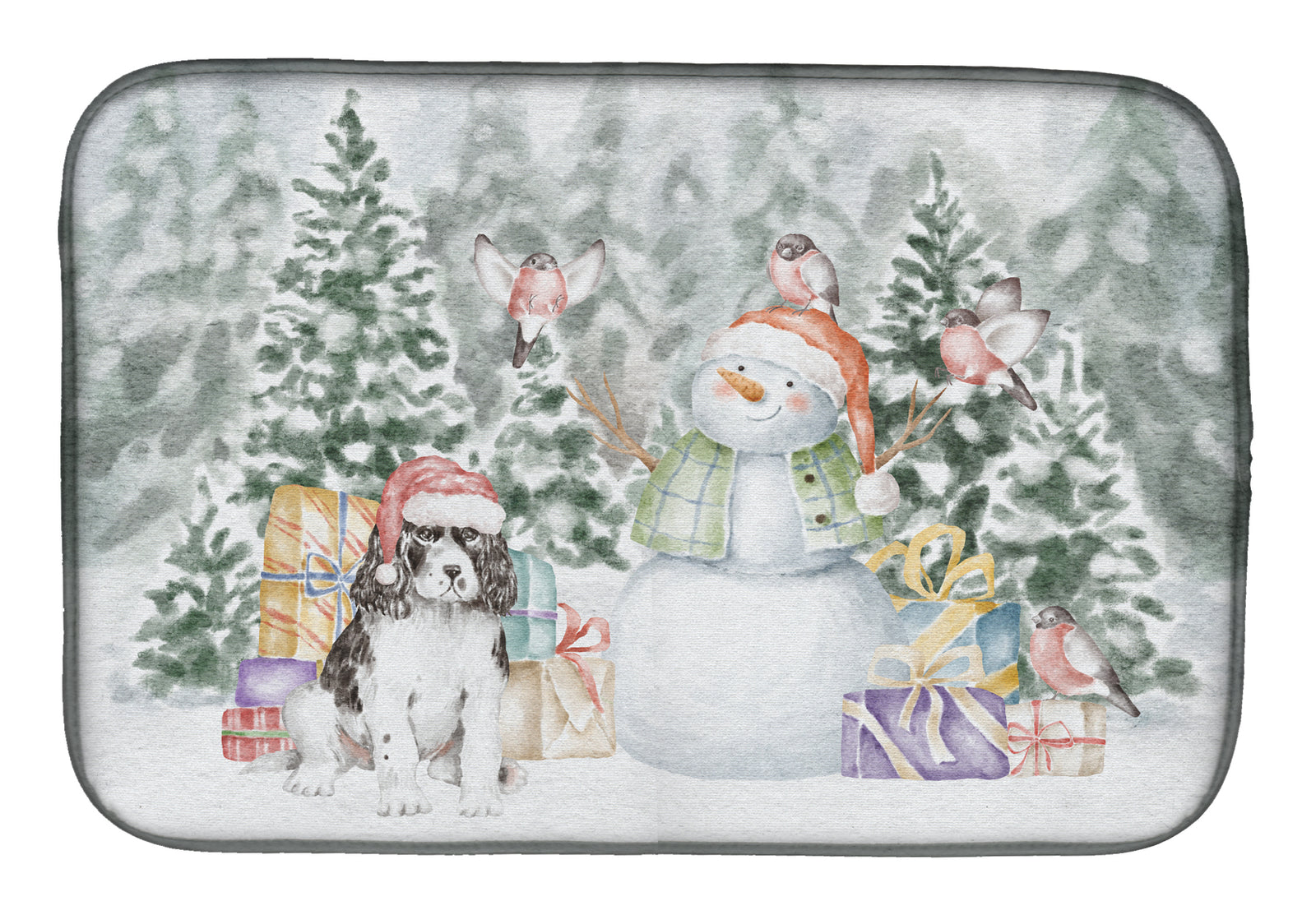 English Springer Spaniel Black and White with Christmas Presents Dish Drying Mat