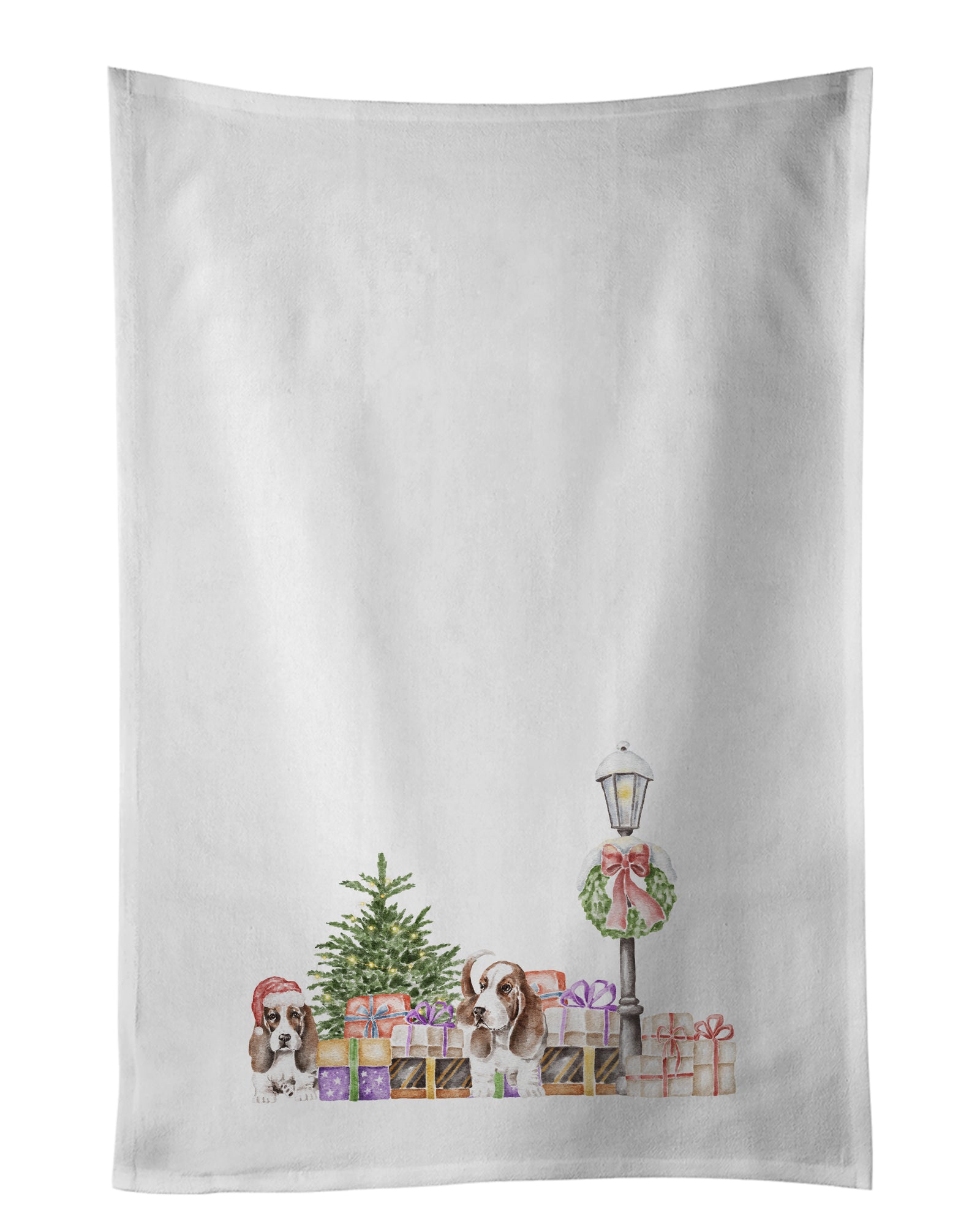 Caroline's Treasures Basset Hound Adult and Puppy with Christmas Wonderland White Kitchen Towel Set of 2