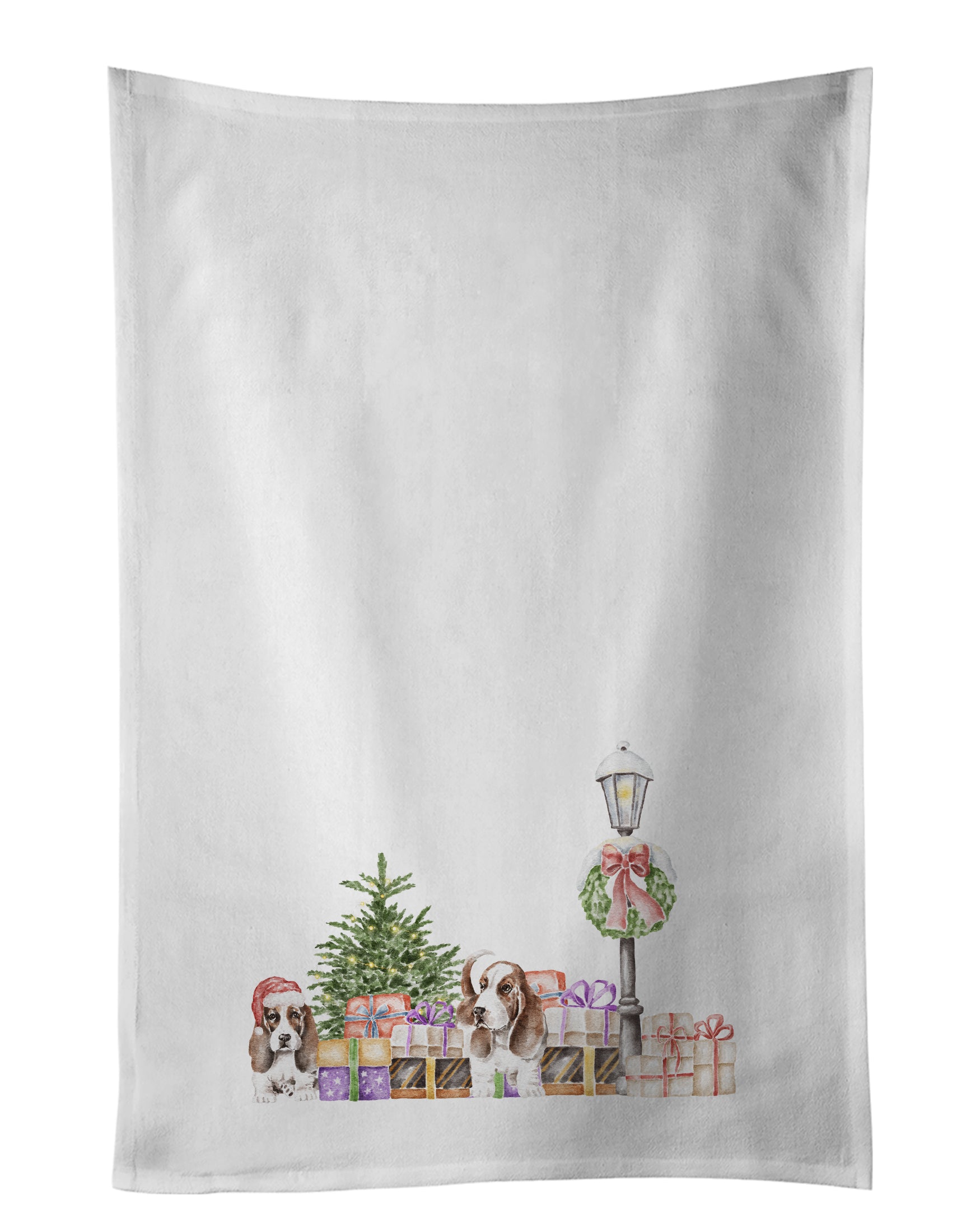 Buy this Basset Hound Adult and Puppy with Christmas Wonderland White Kitchen Towel Set of 2