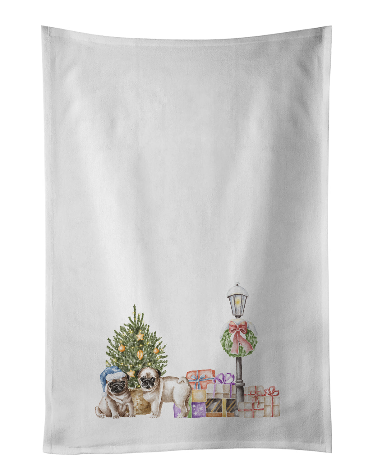 Buy this Pug Puppy Fawn Duo with Christmas Wonderland White Kitchen Towel Set of 2