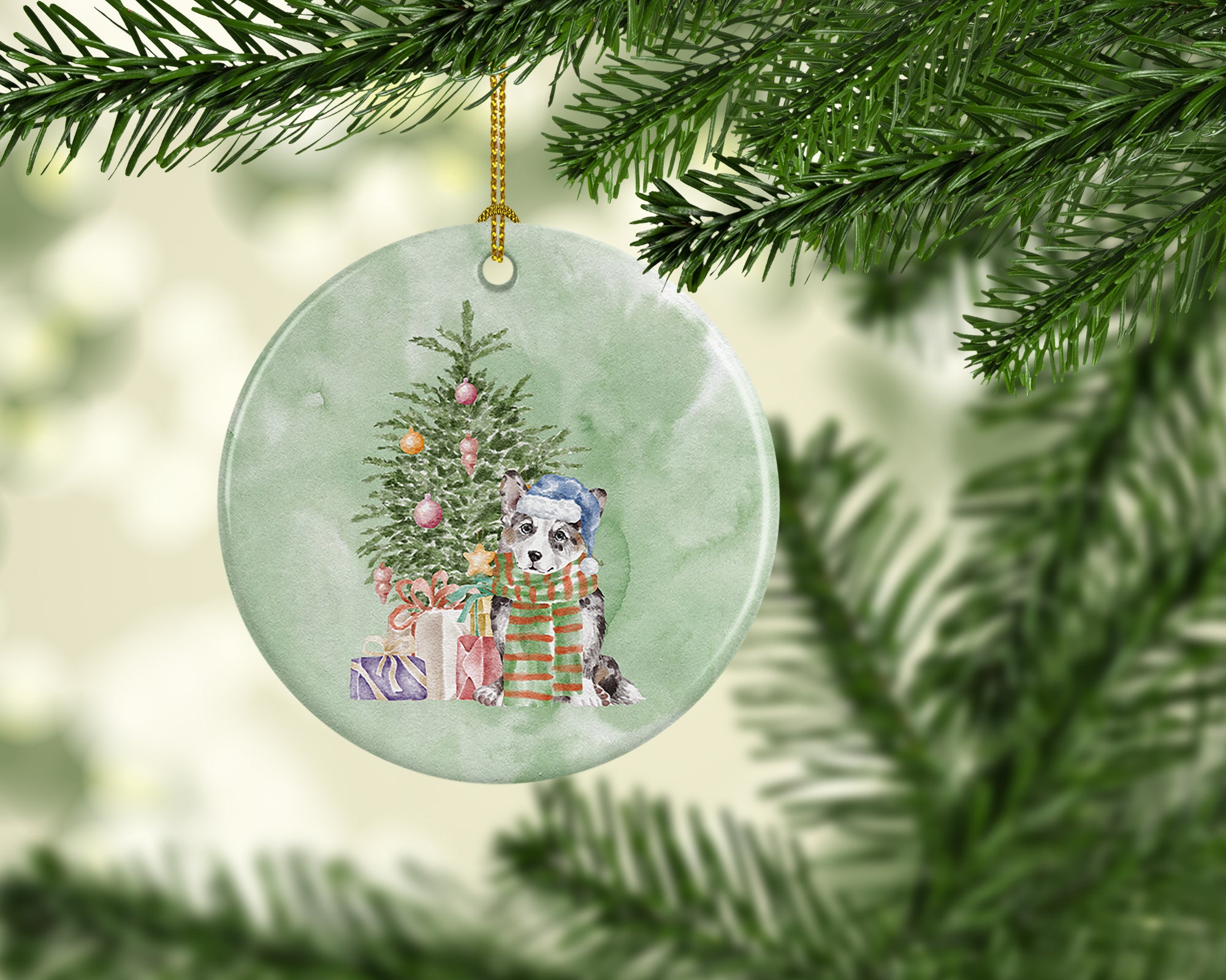 Christmas Cardigan Corgi Blue Merle Ceramic Ornament - the-store.com