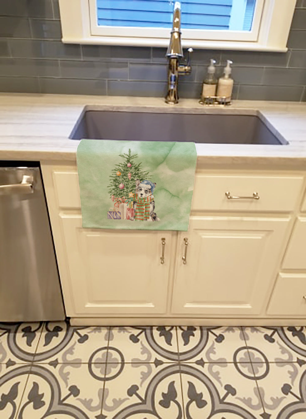 Christmas Cardigan Corgi Blue Merle Kitchen Towel - the-store.com