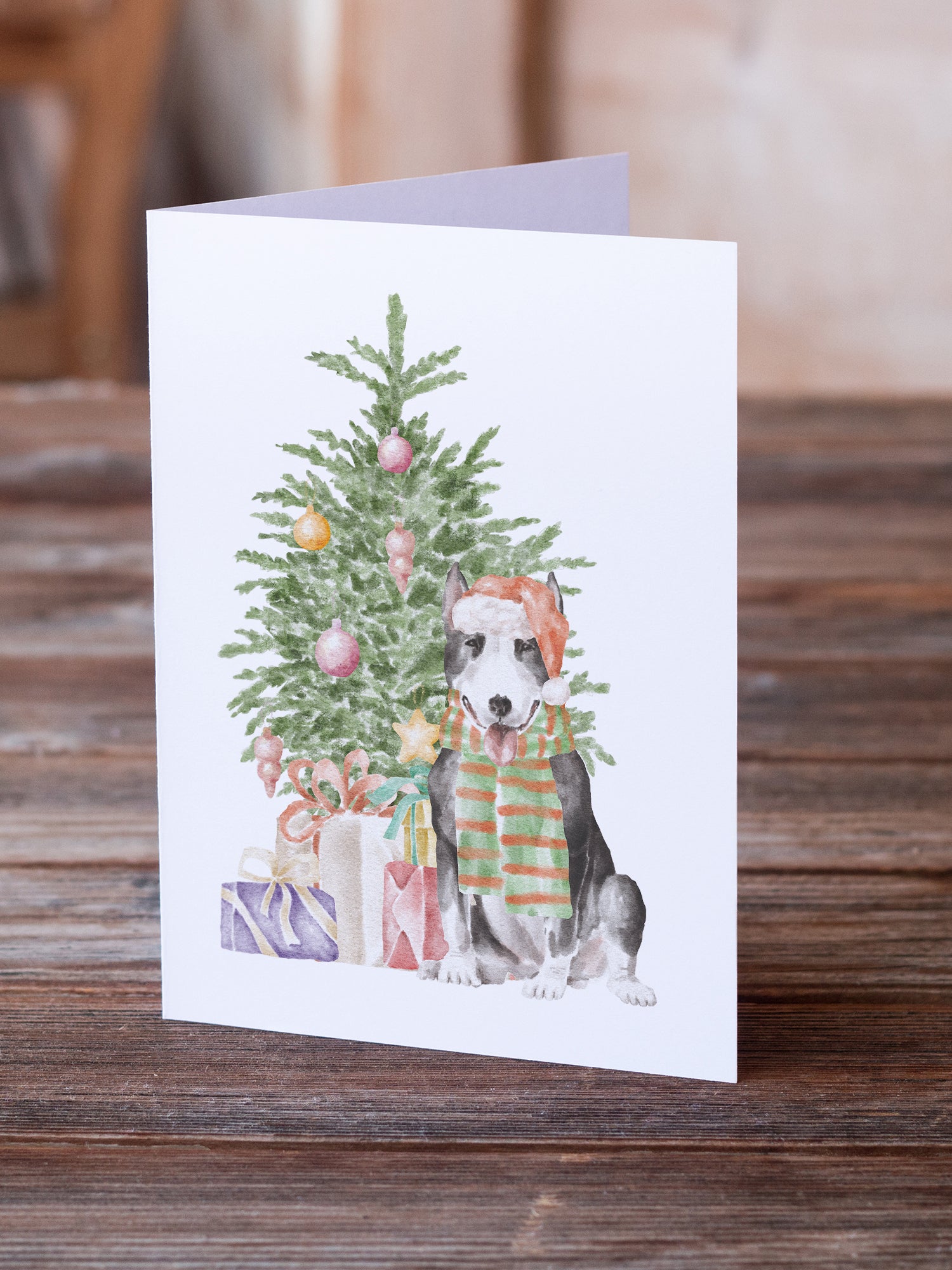 Christmas Bull Terrier Black Greeting Cards and Envelopes Pack of 8 - the-store.com