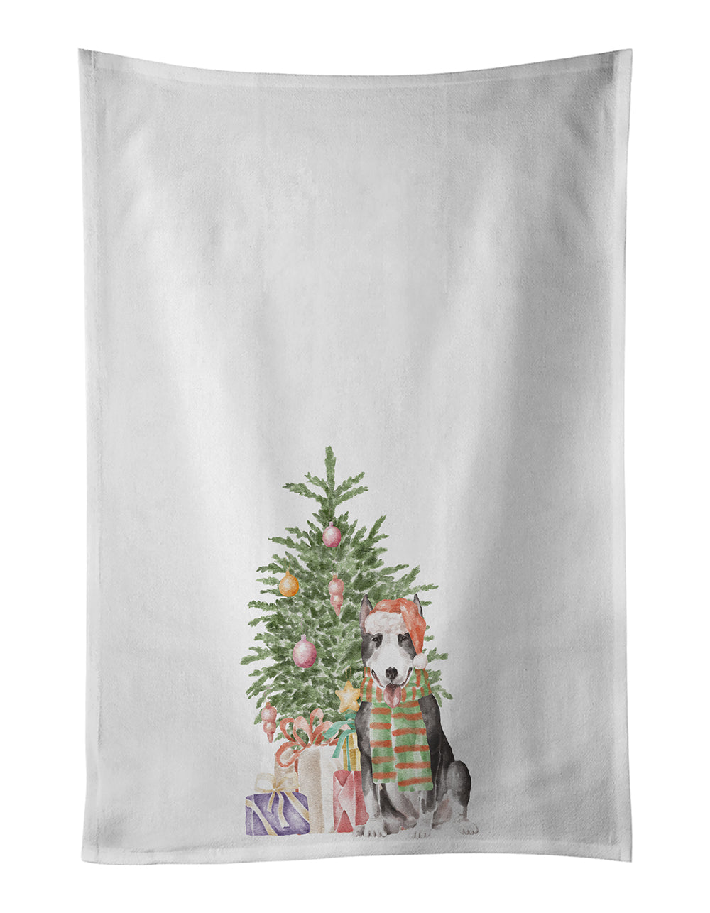 Buy this Bull Terrier Black Christmas Presents and Tree White Kitchen Towel Set of 2