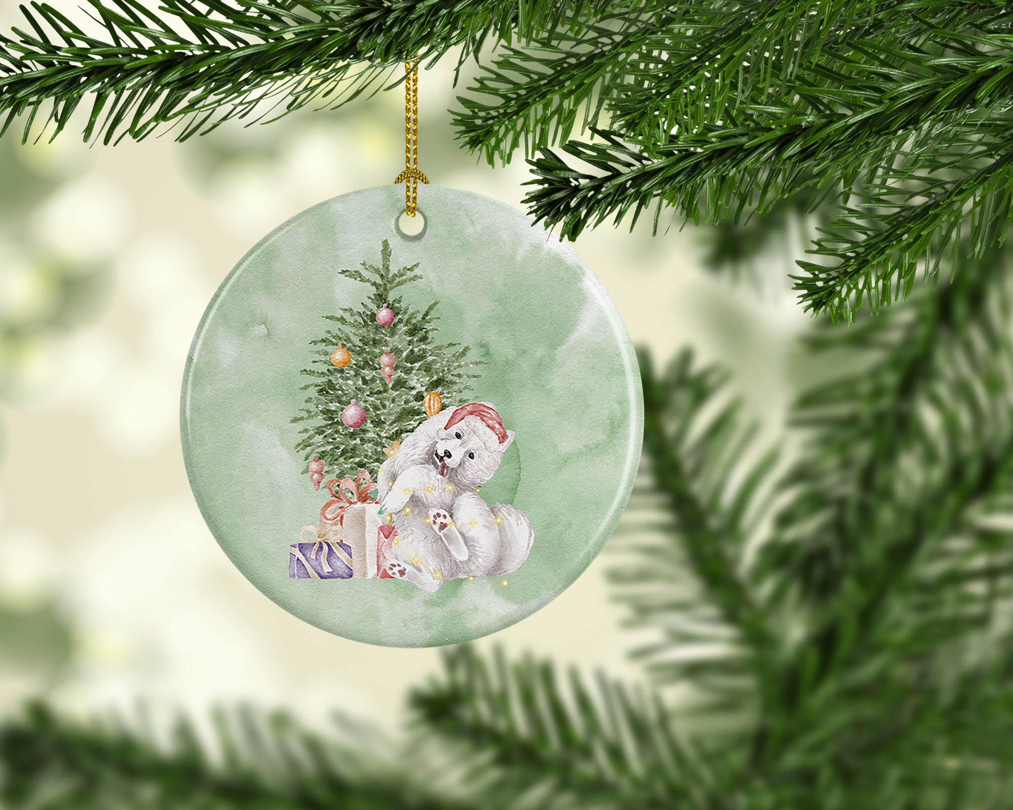 Christmas Samoyed Caught Up Ceramic Ornament - the-store.com
