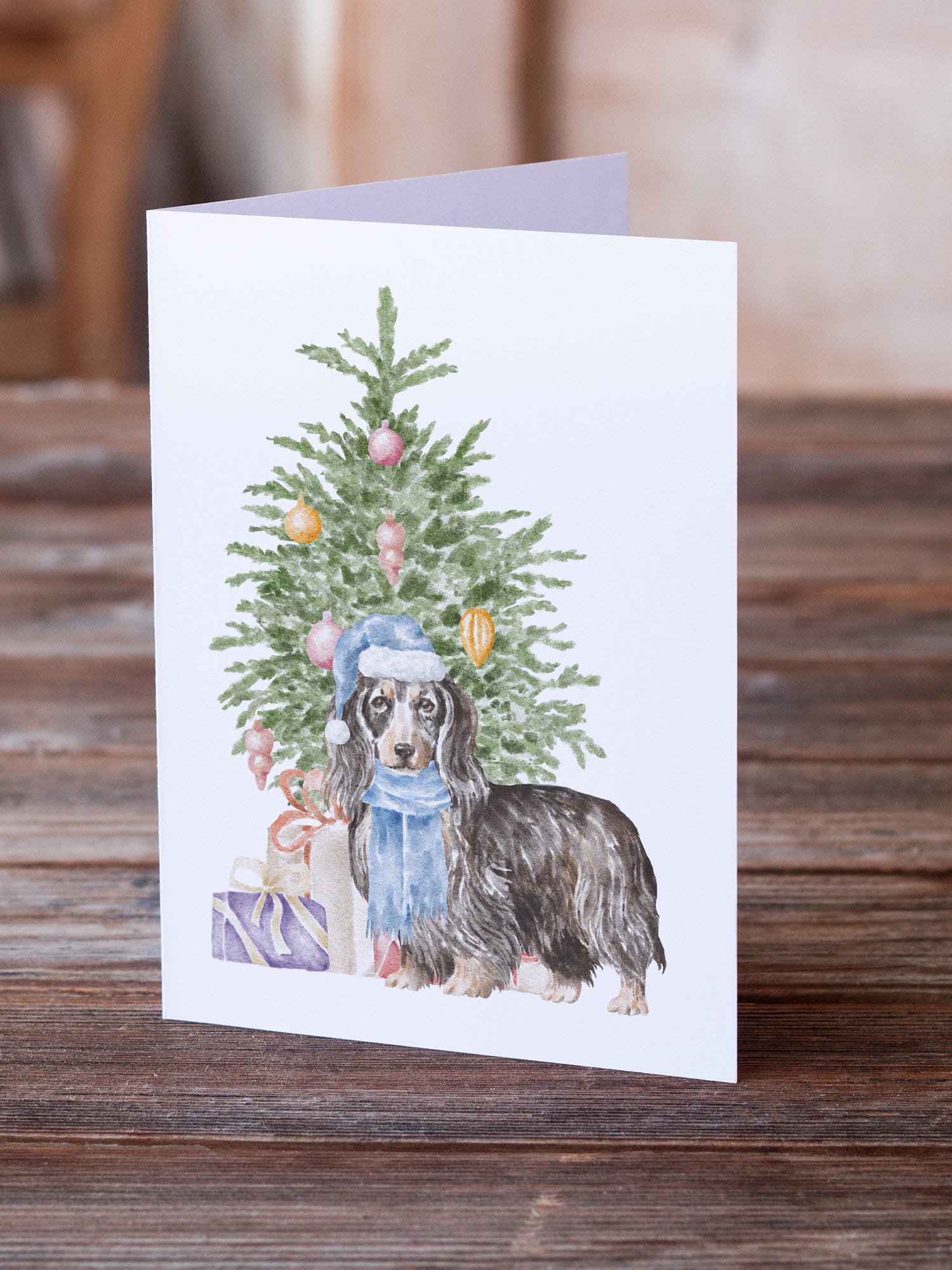 Christmas Dachshund Longhair Black Tan Greeting Cards and Envelopes Pack of 8 - the-store.com