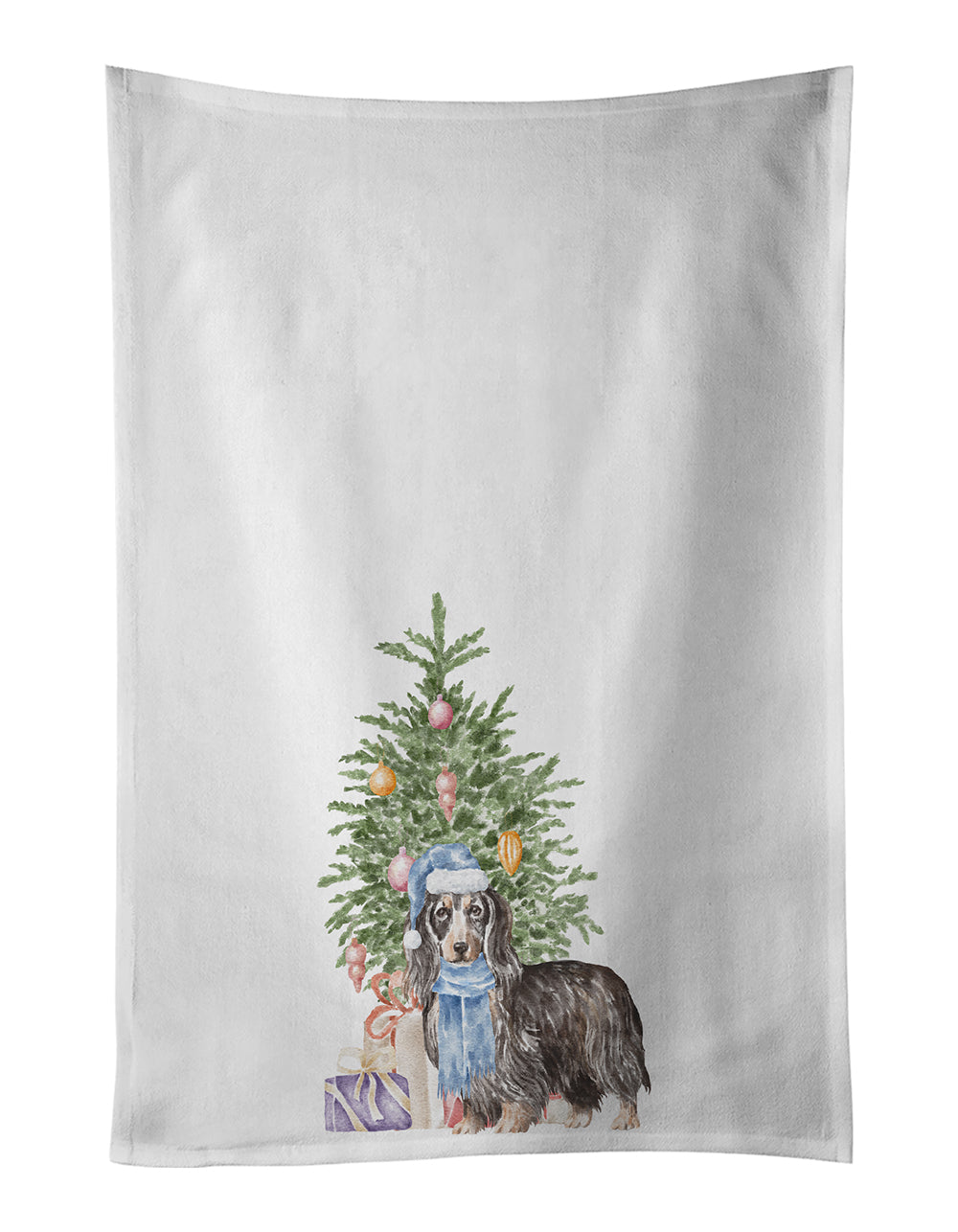 Buy this Dachshund Longhair Black Tan Christmas Presents and Tree White Kitchen Towel Set of 2
