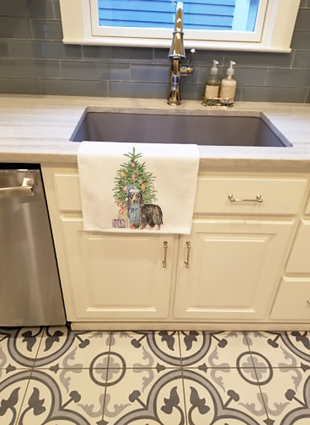 Dachshund Longhair Black Tan Christmas Presents and Tree White Kitchen Towel Set of 2 - the-store.com