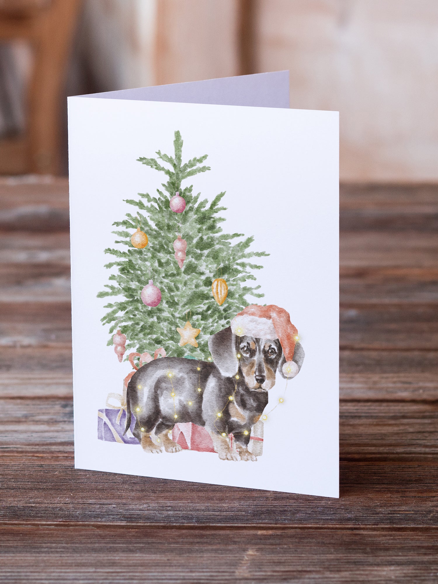 Buy this Christmas Dachshund Black Tan Puppy Greeting Cards and Envelopes Pack of 8