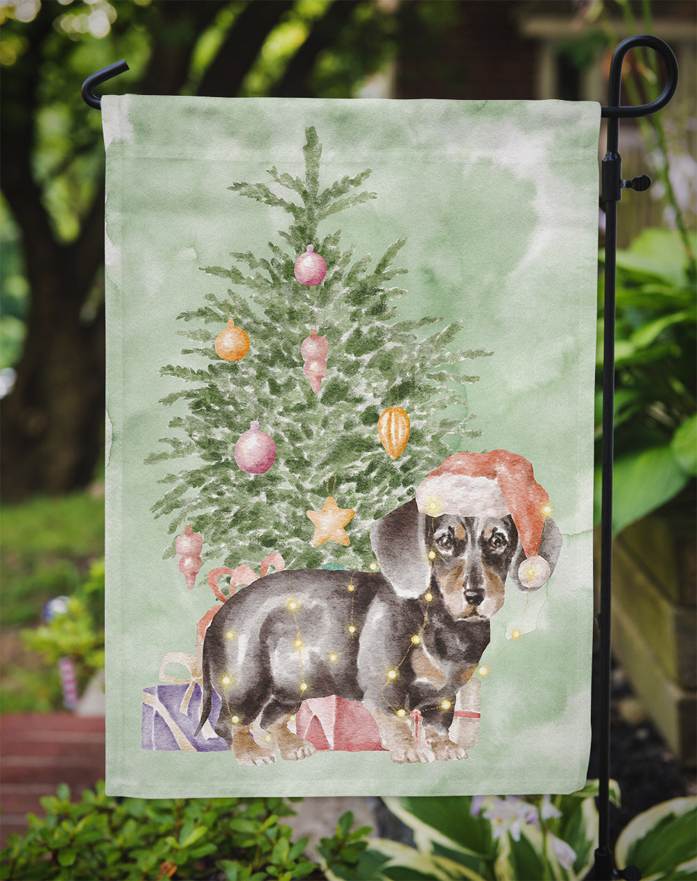 Christmas Dachshund Black Tan Puppy Flag Garden Size