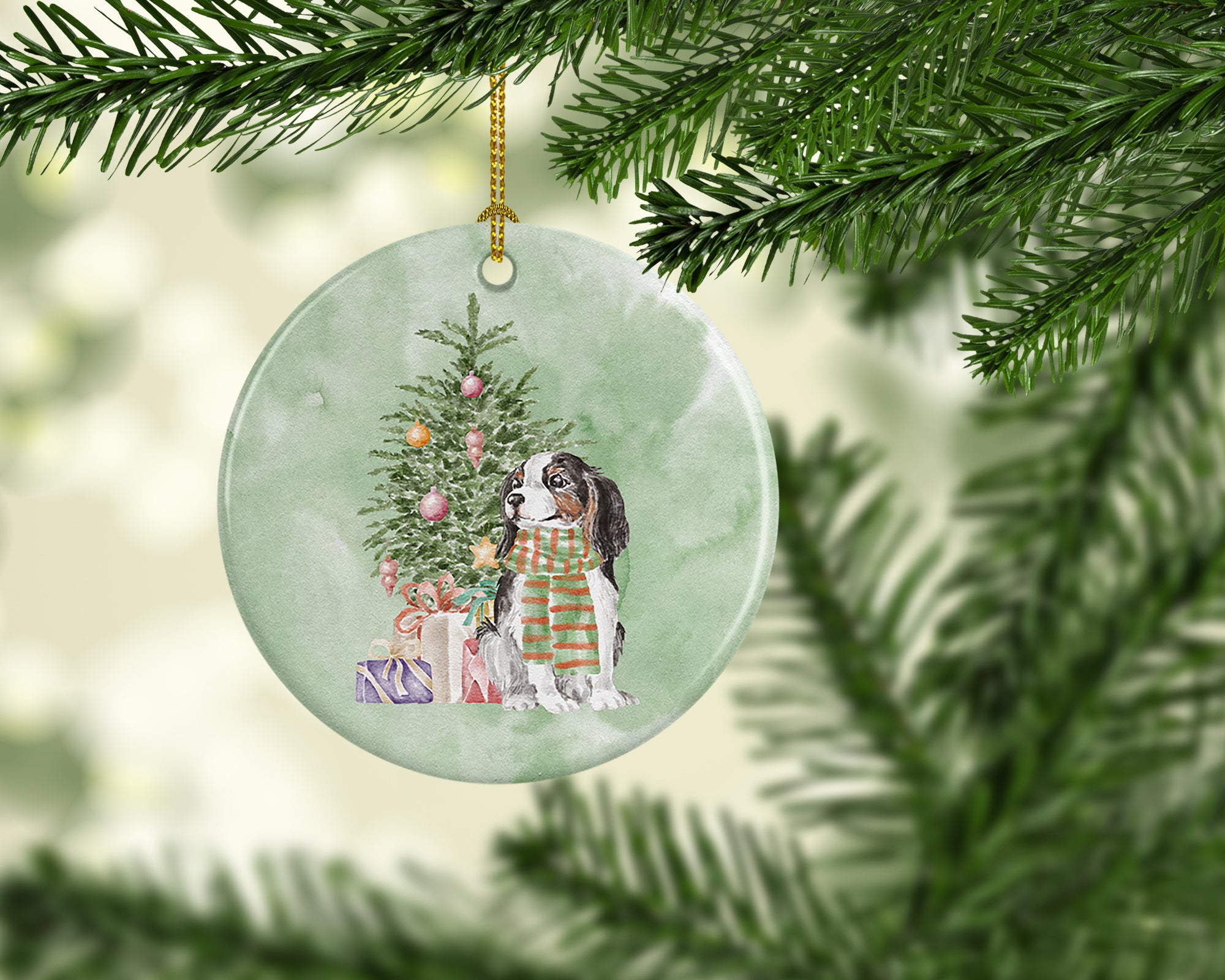 Christmas Cavalier Spaniel Tricolor Ceramic Ornament - the-store.com