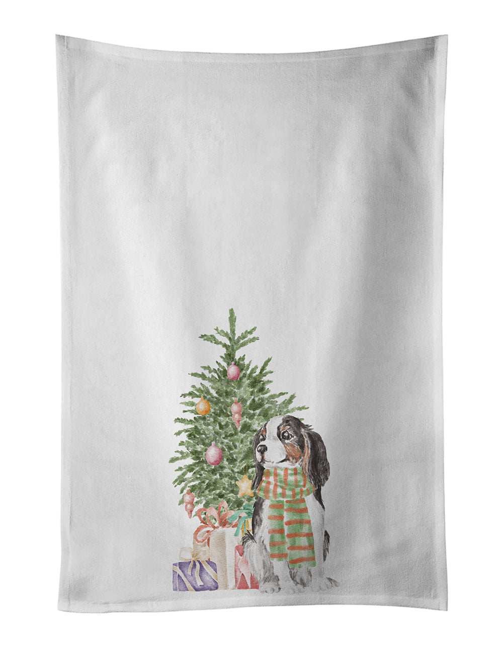 Buy this Cavalier Spaniel Tricolor Christmas Presents and Tree White Kitchen Towel Set of 2