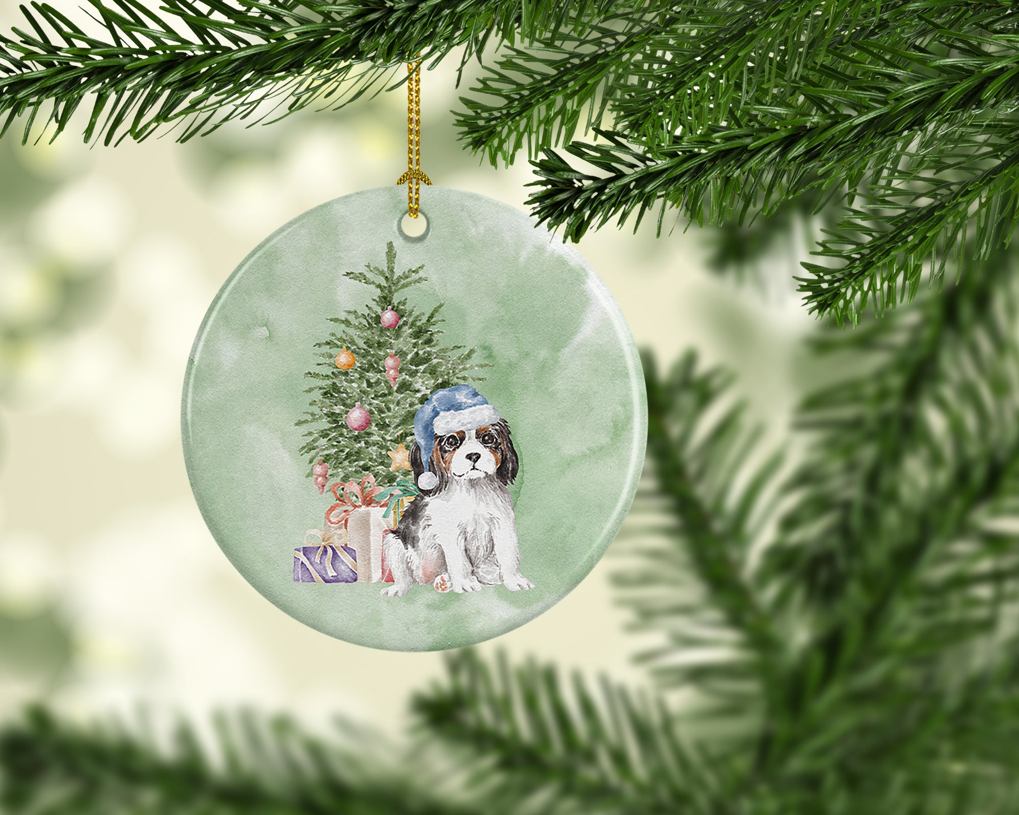 Christmas Cavalier Spaniel Tricolor Puppy Ceramic Ornament - the-store.com