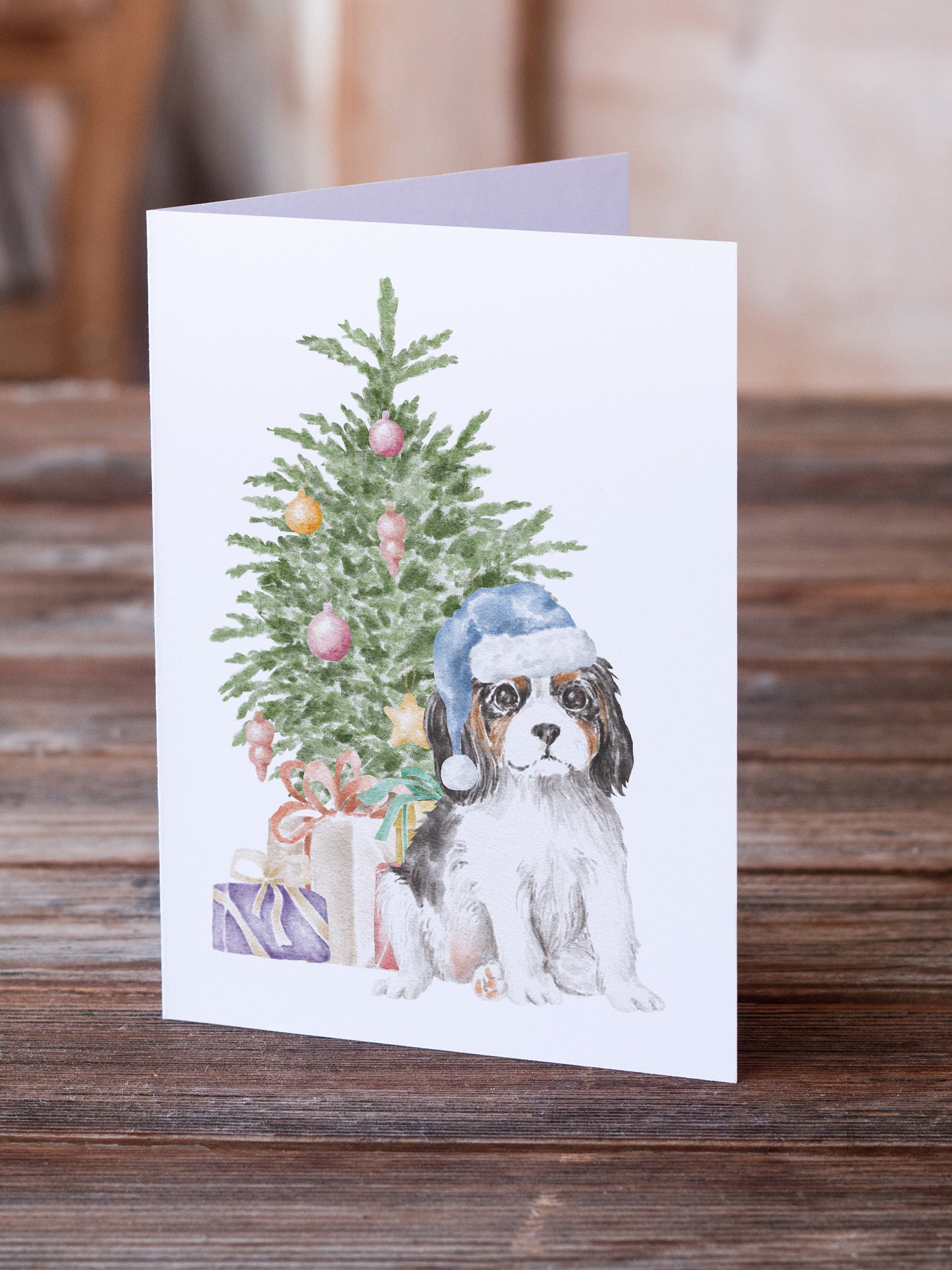 Christmas Cavalier Spaniel Tricolor Puppy Greeting Cards and Envelopes Pack of 8 - the-store.com