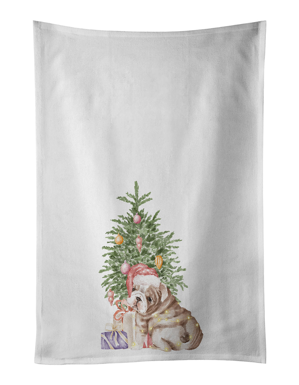 Buy this Bulldog, English Bulldog Puppy Christmas Presents and Tree White Kitchen Towel Set of 2