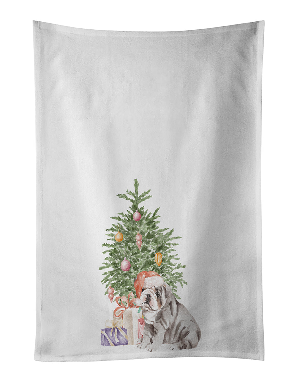 Buy this Bulldog, English Bulldog Puppy #2 Christmas Presents and Tree White Kitchen Towel Set of 2