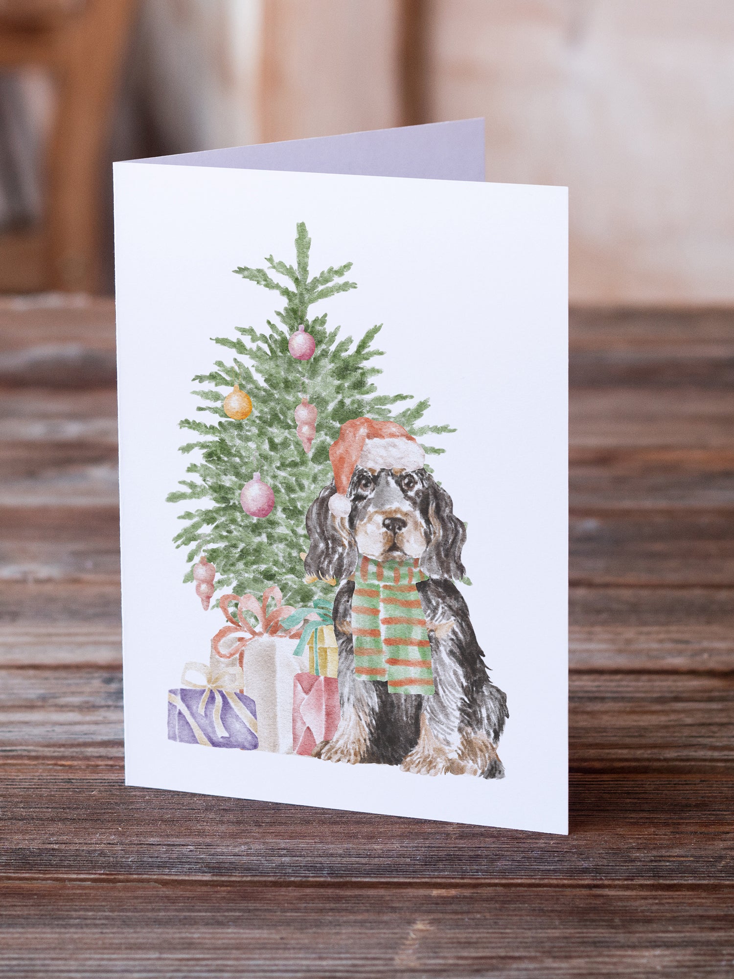 Christmas English Cocker Spaniel Black Tan Greeting Cards and Envelopes Pack of 8 - the-store.com