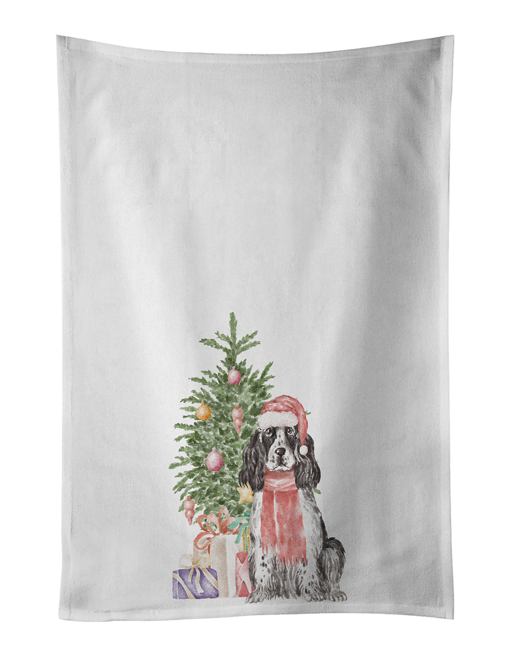 Buy this Cocker Spaniel English Black Parti Christmas Presents and Tree White Kitchen Towel Set of 2