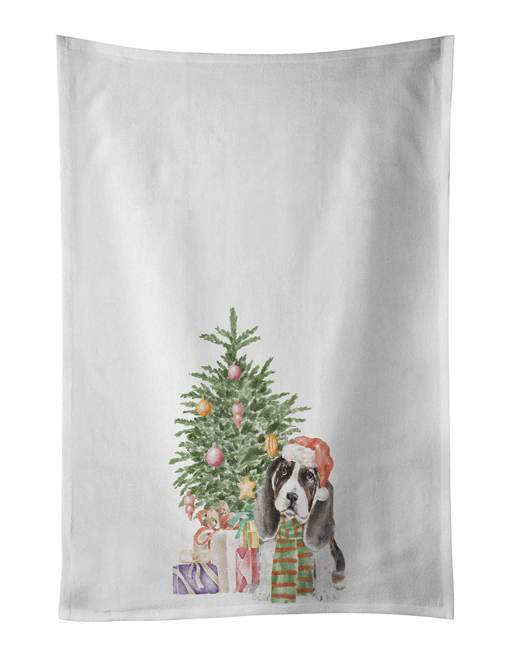 Buy this Basset Hound Puppy Christmas Presents and Tree White Kitchen Towel Set of 2