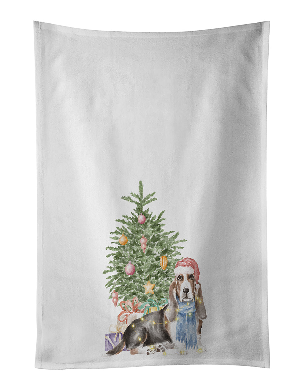 Buy this Basset Hound Christmas Presents and Tree White Kitchen Towel Set of 2