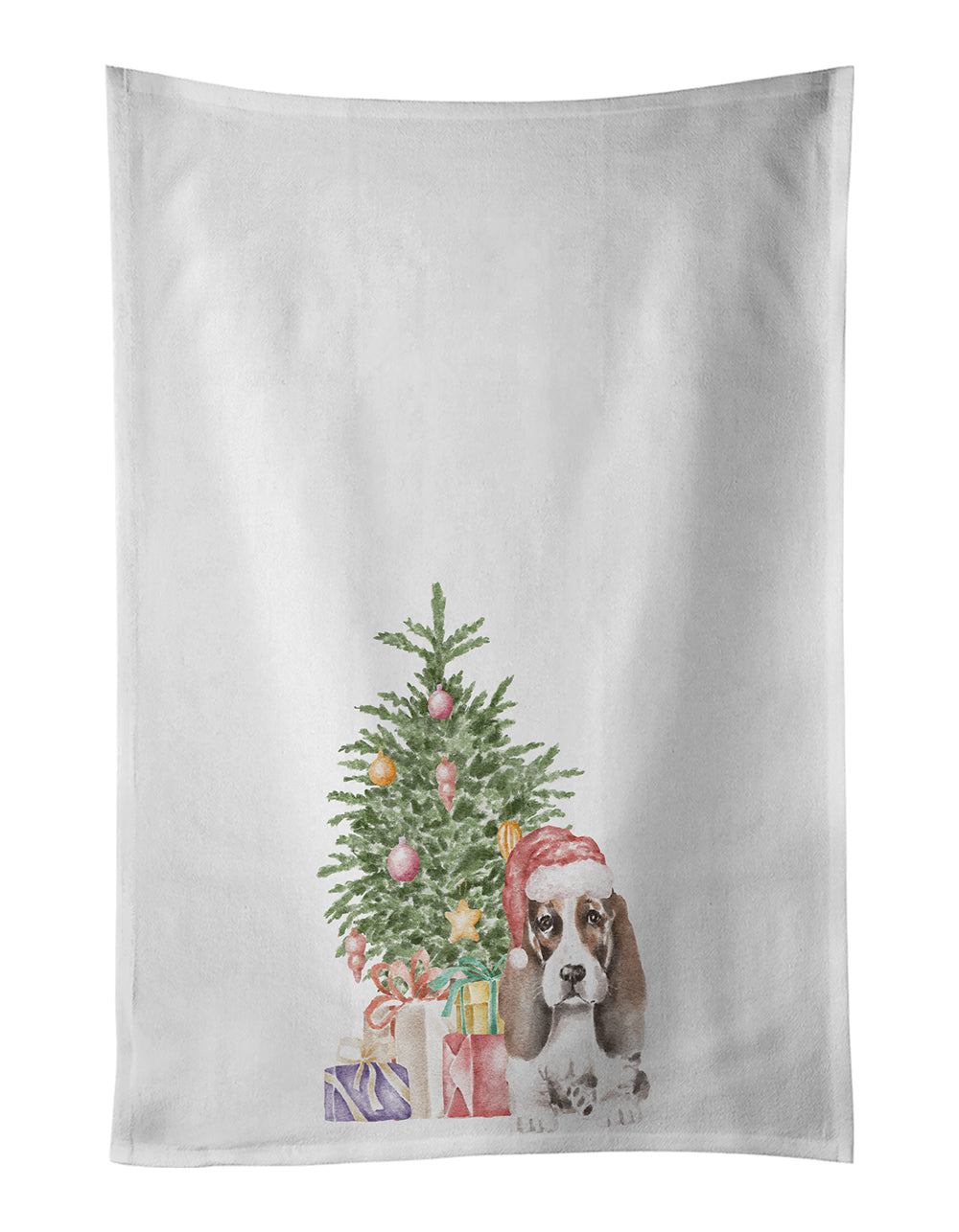Buy this Basset Hound Puppy #2 Christmas Presents and Tree White Kitchen Towel Set of 2
