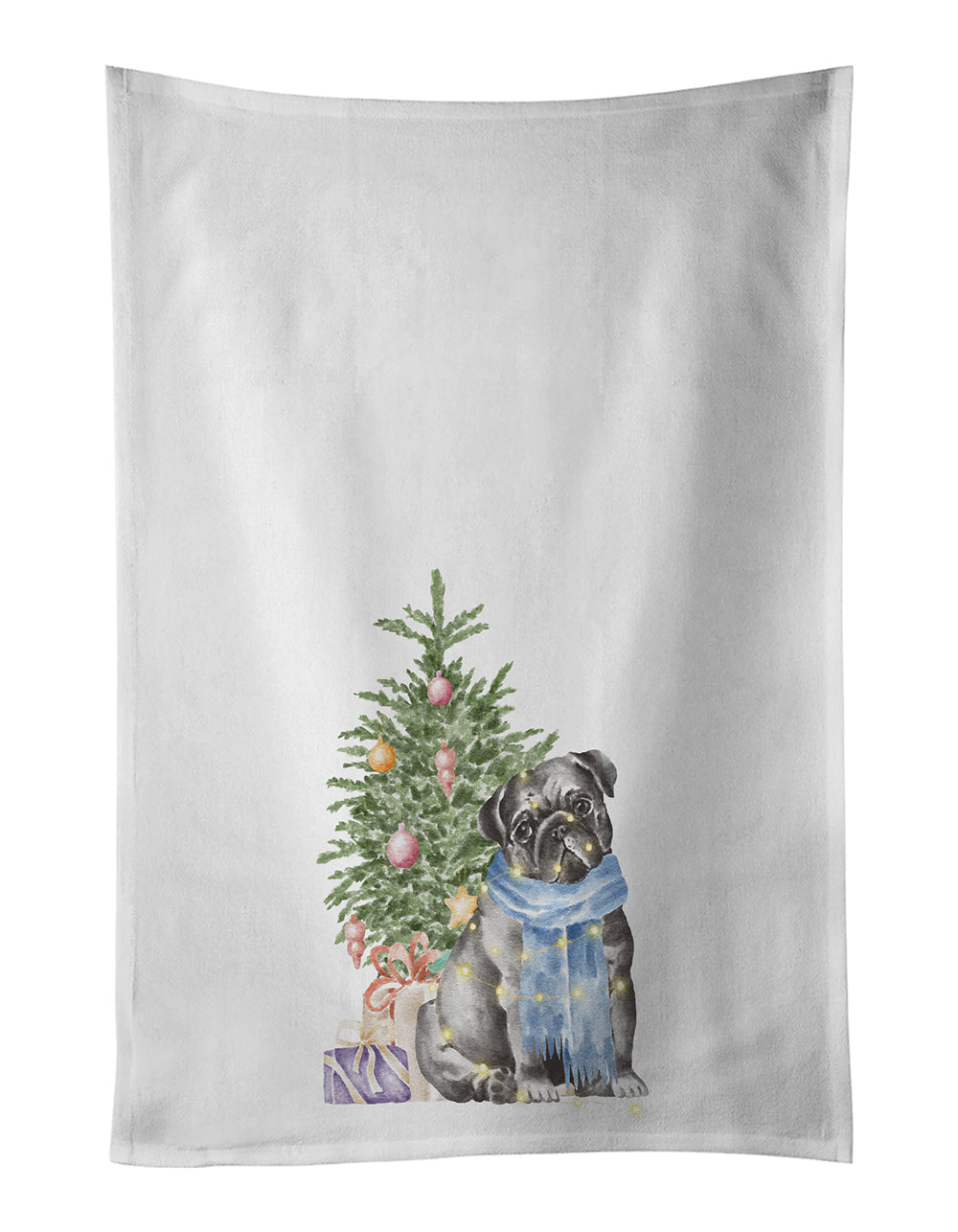 Buy this Pug Black Christmas Presents and Tree White Kitchen Towel Set of 2