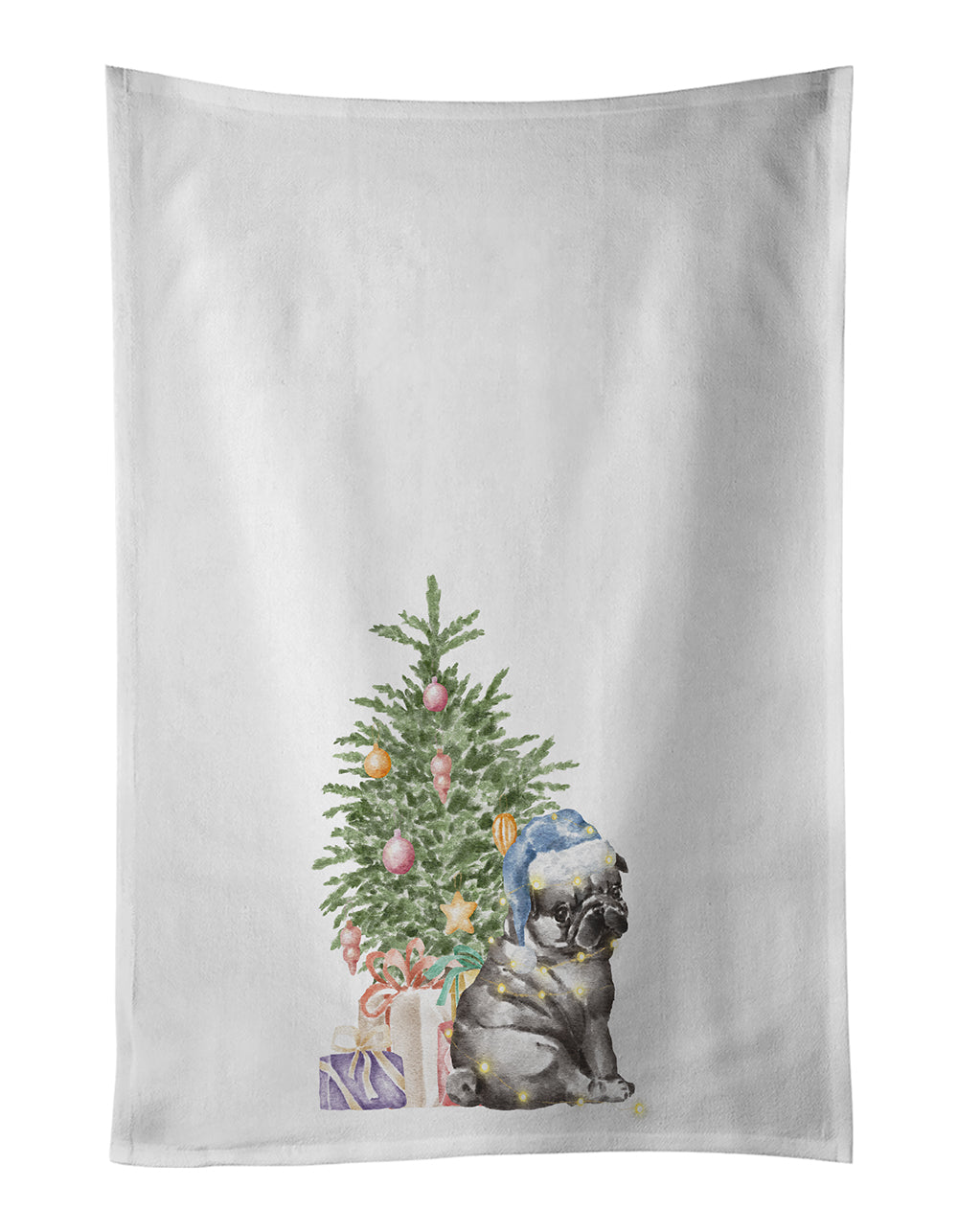 Buy this Pug Black Puppy Christmas Presents and Tree White Kitchen Towel Set of 2
