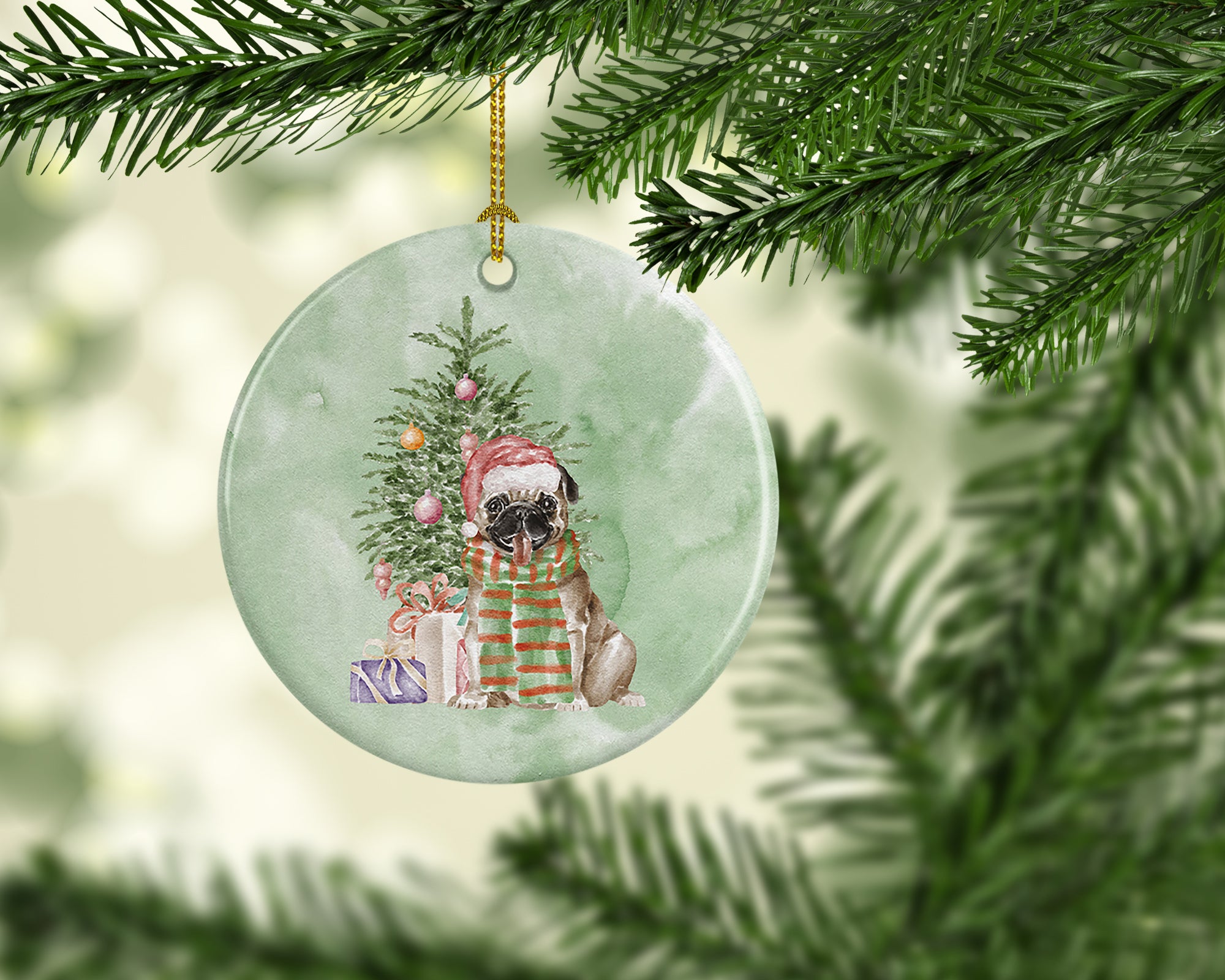 Christmas Fawn Pug Ceramic Ornament - the-store.com