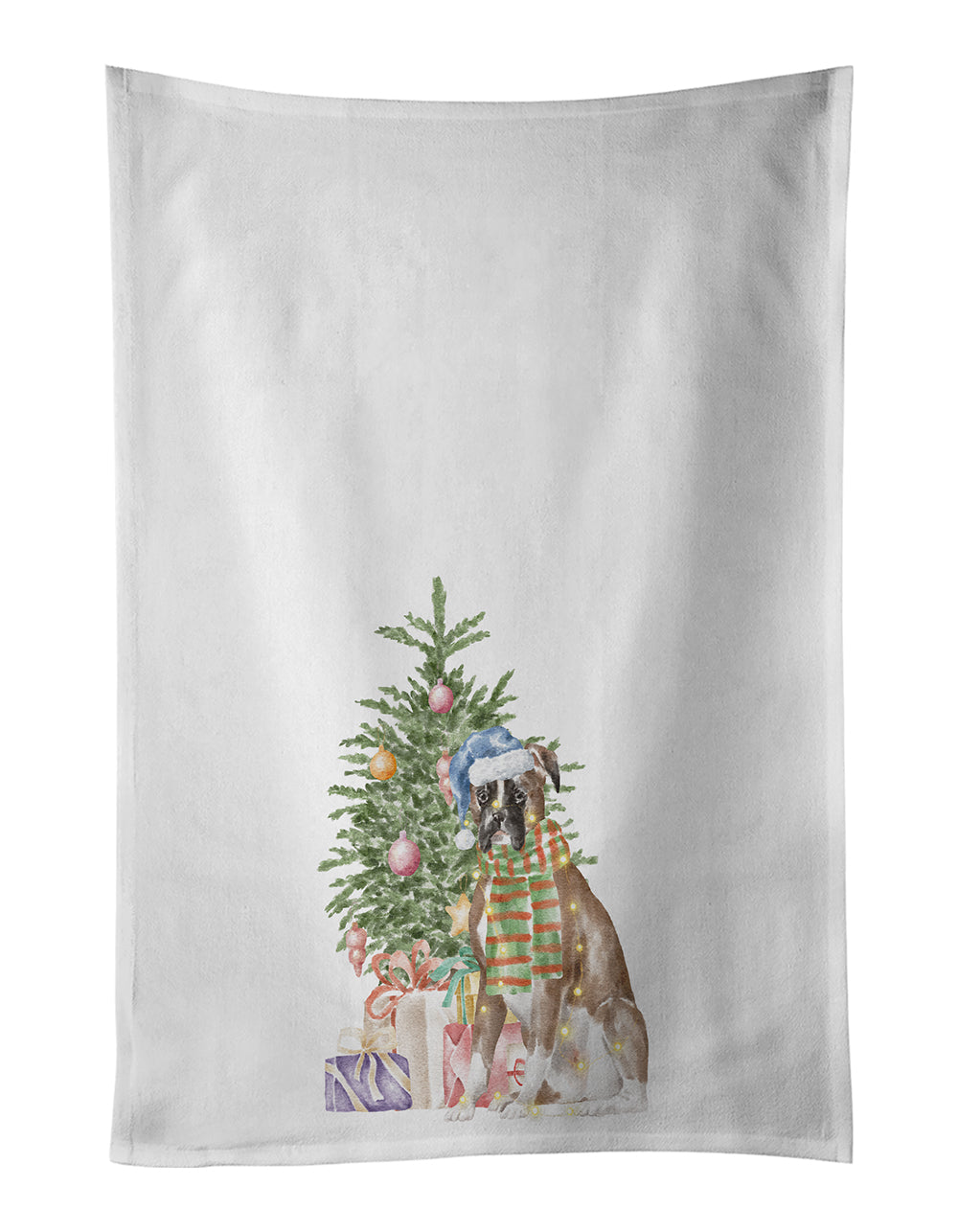 Buy this Boxer Christmas Presents and Tree White Kitchen Towel Set of 2