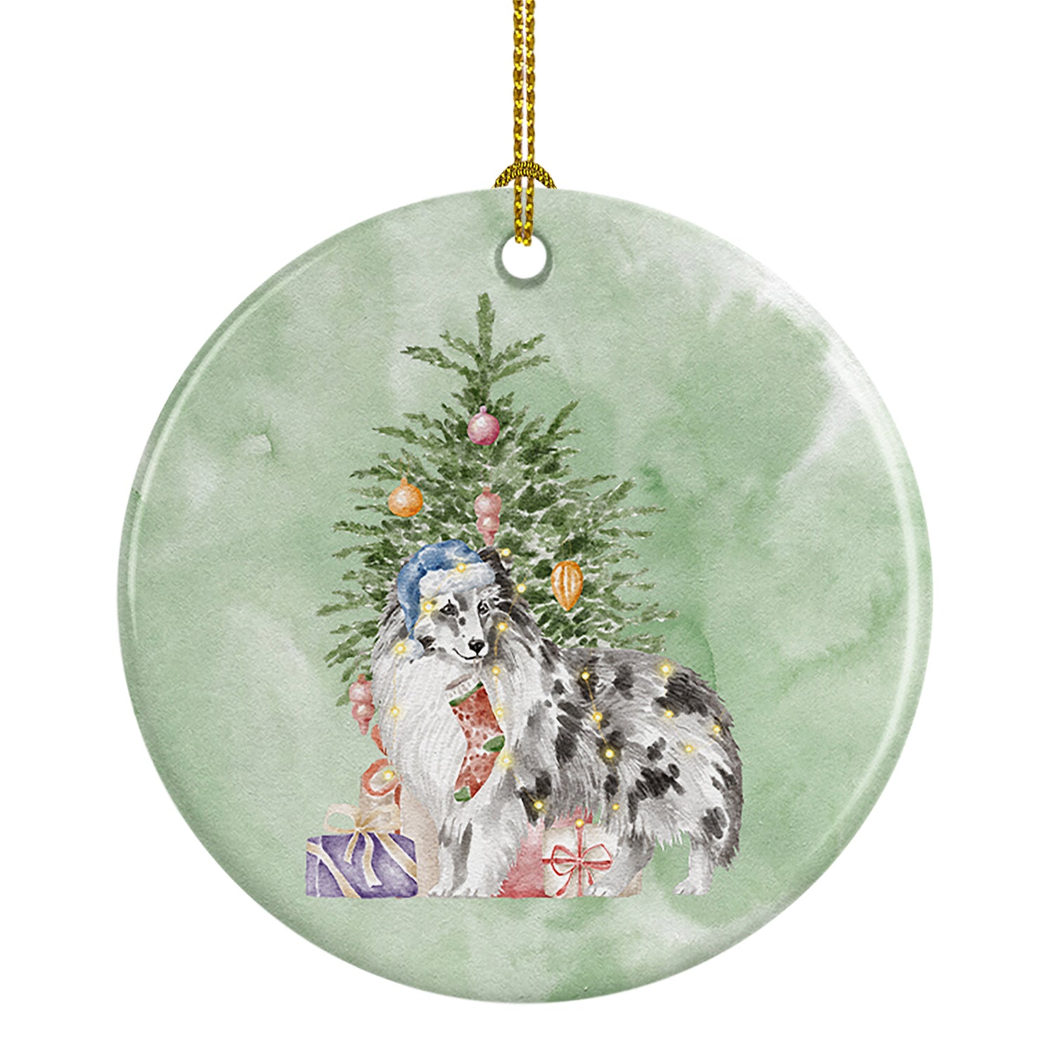 Caroline's Treasures Christmas Sheltie Shetland Sheepdog Blue Merle Ornament - Round Ceramic Ornament – Artist-Designed Keepsake Decoration