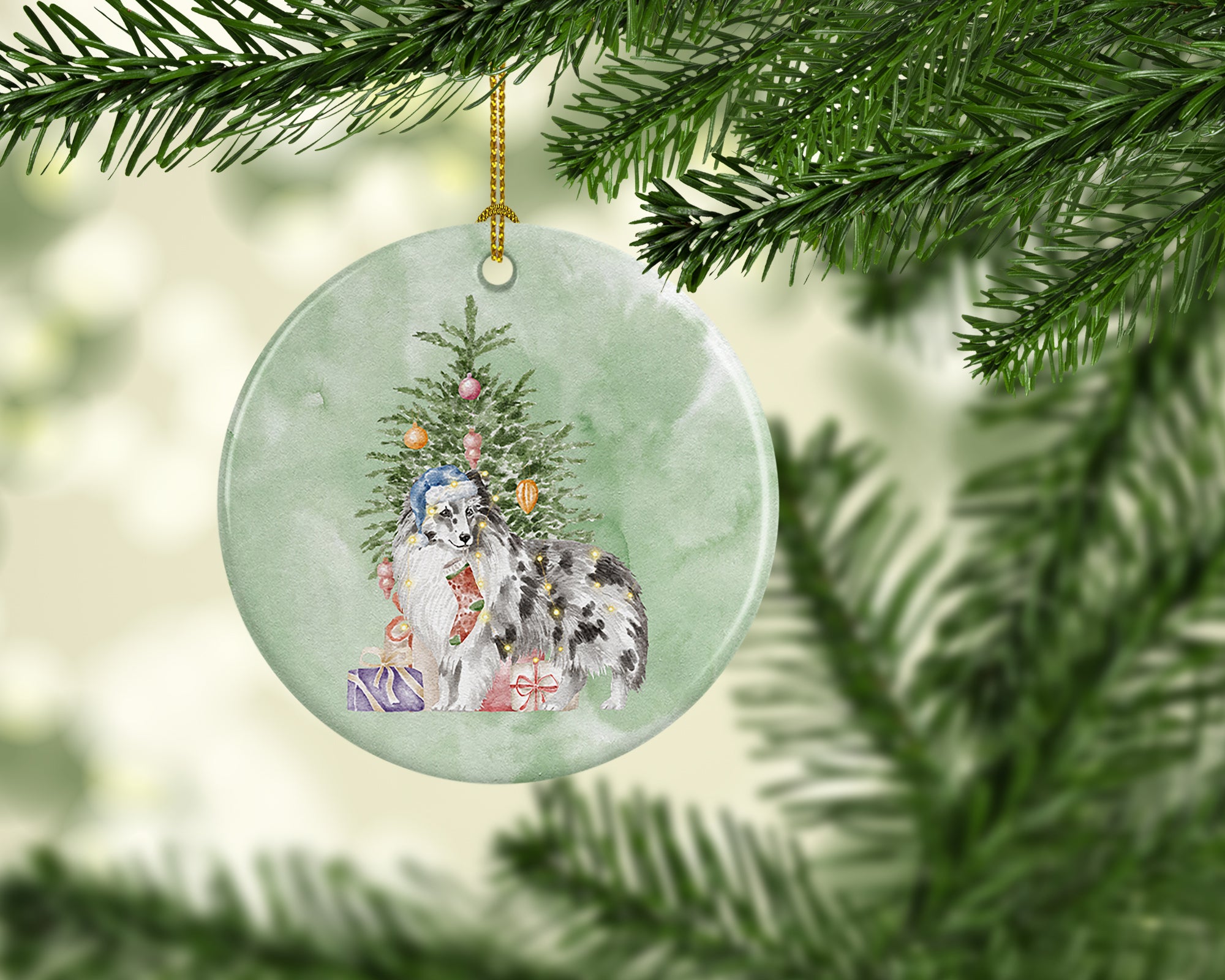 Christmas Sheltie Shetland Sheepdog Blue Merle Ceramic Ornament - the-store.com