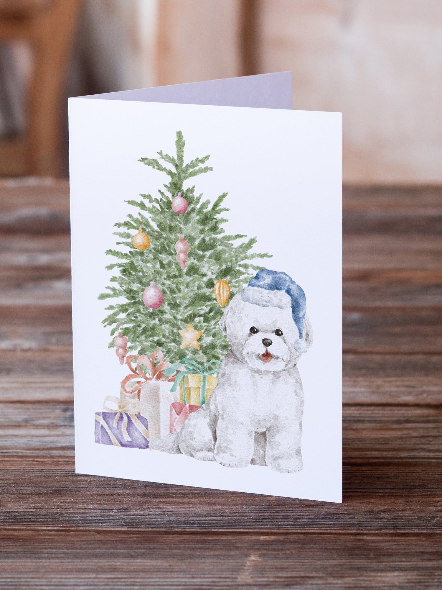 Christmas Bichon Frise Blue Hat Greeting Cards and Envelopes Pack of 8 - the-store.com