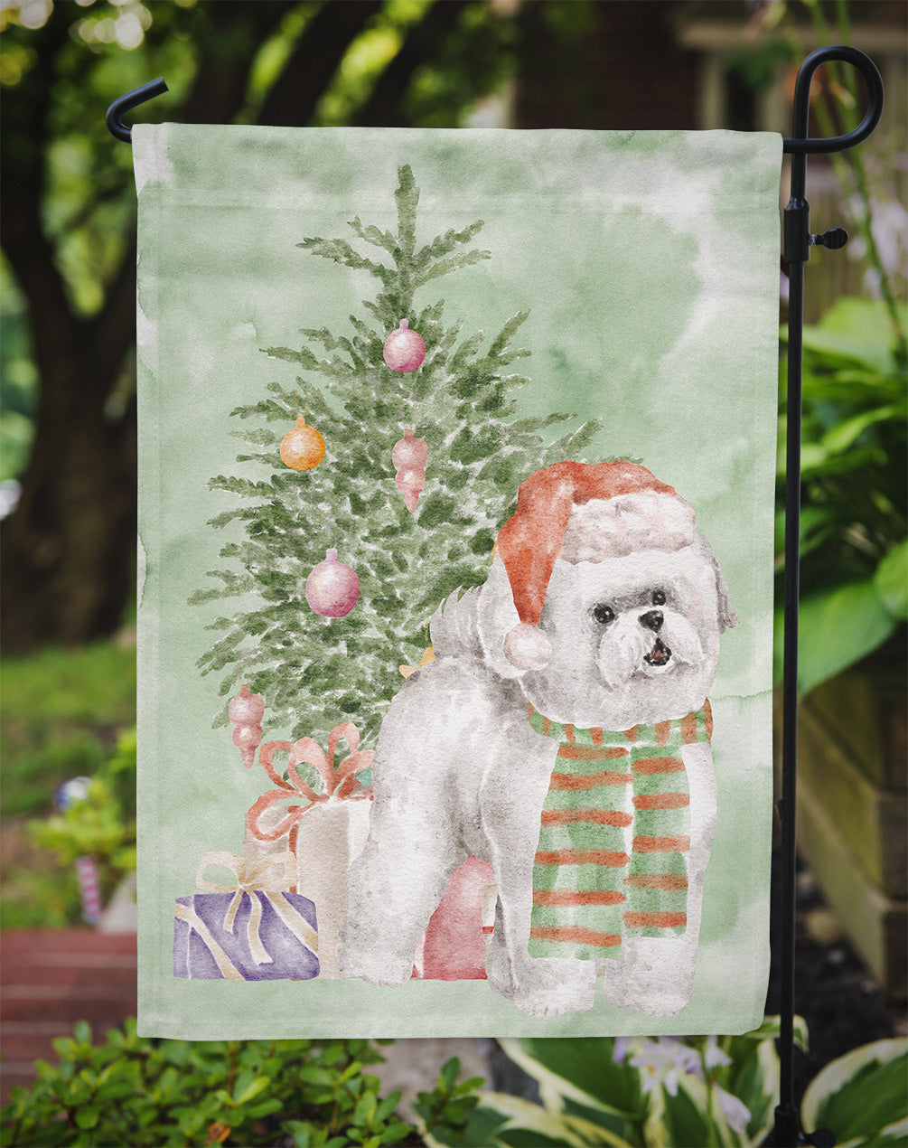 Christmas Bichon Frise Red Hat Flag Garden Size  the-store.com.