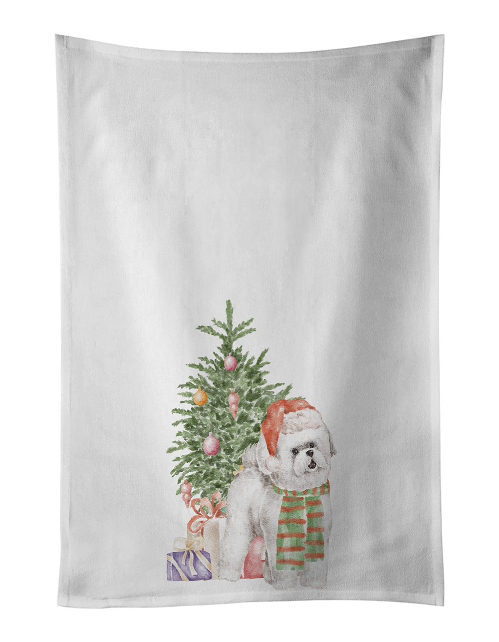 Buy this Bichon Frise Red Hat Christmas Presents and Tree White Kitchen Towel Set of 2
