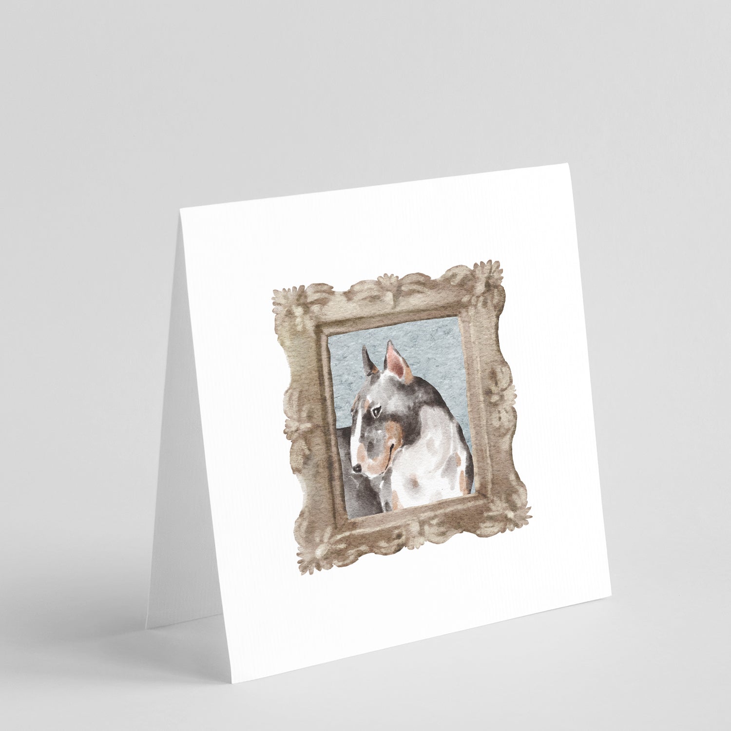 Buy this Bull Terrier Tricolor Side View Square Greeting Cards and Envelopes Pack of 8
