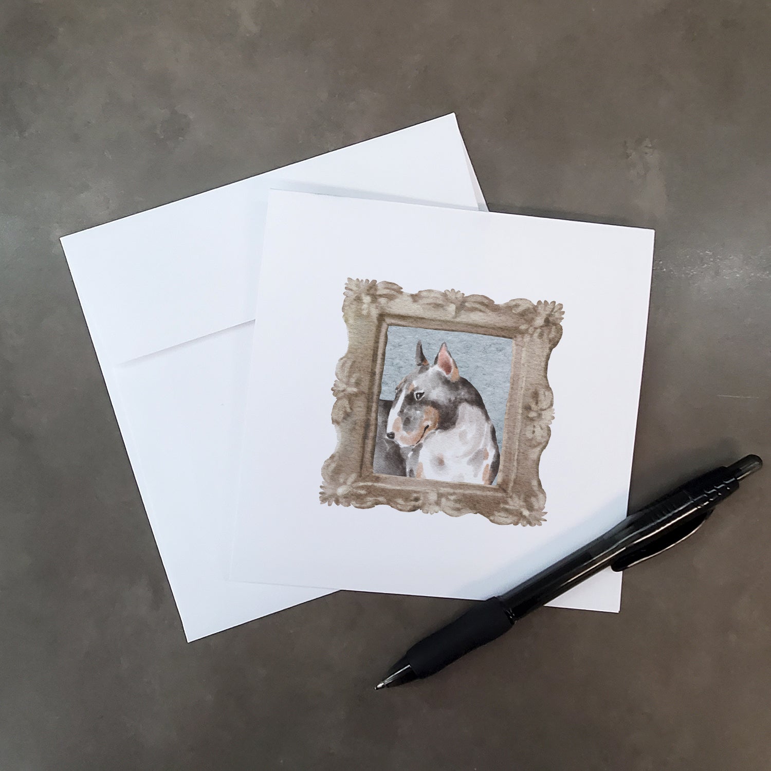 Buy this Bull Terrier Tricolor Side View Square Greeting Cards and Envelopes Pack of 8