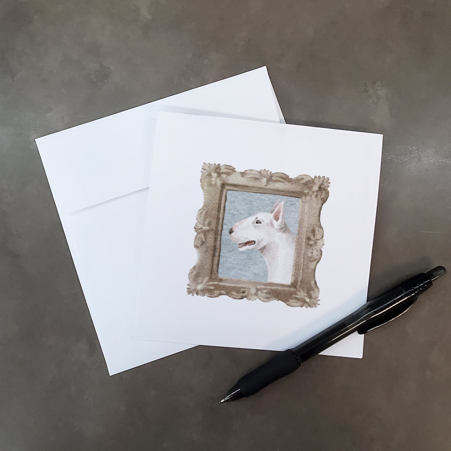 Buy this Bull Terrier White Side View Square Greeting Cards and Envelopes Pack of 8