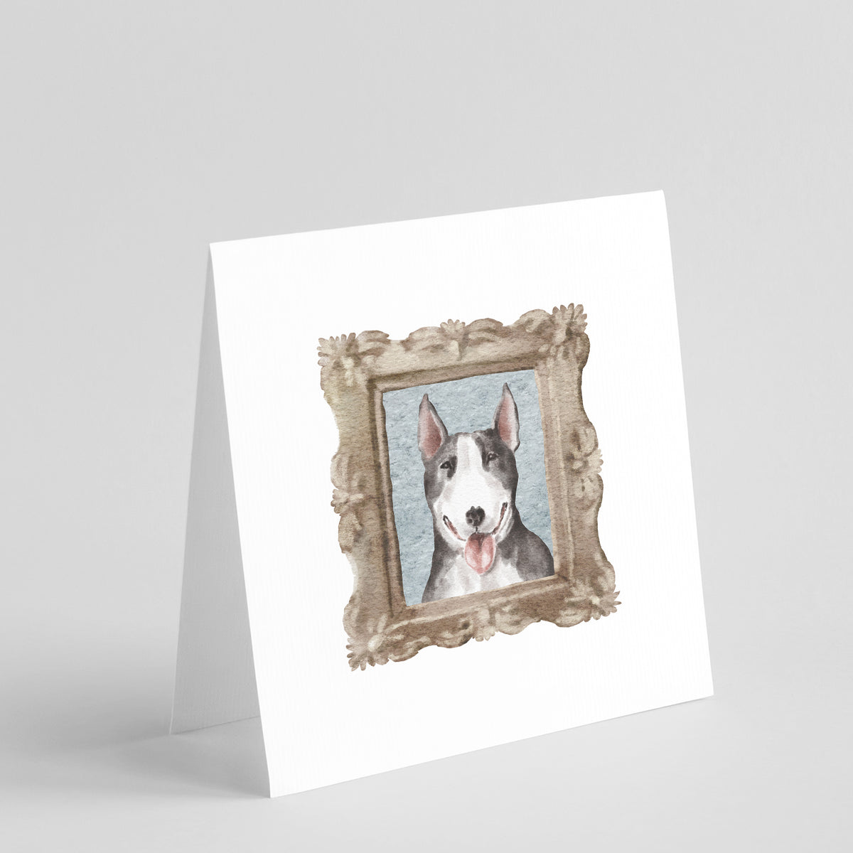Buy this Bull Terrier Black White Front View 2 Square Greeting Cards and Envelopes Pack of 8