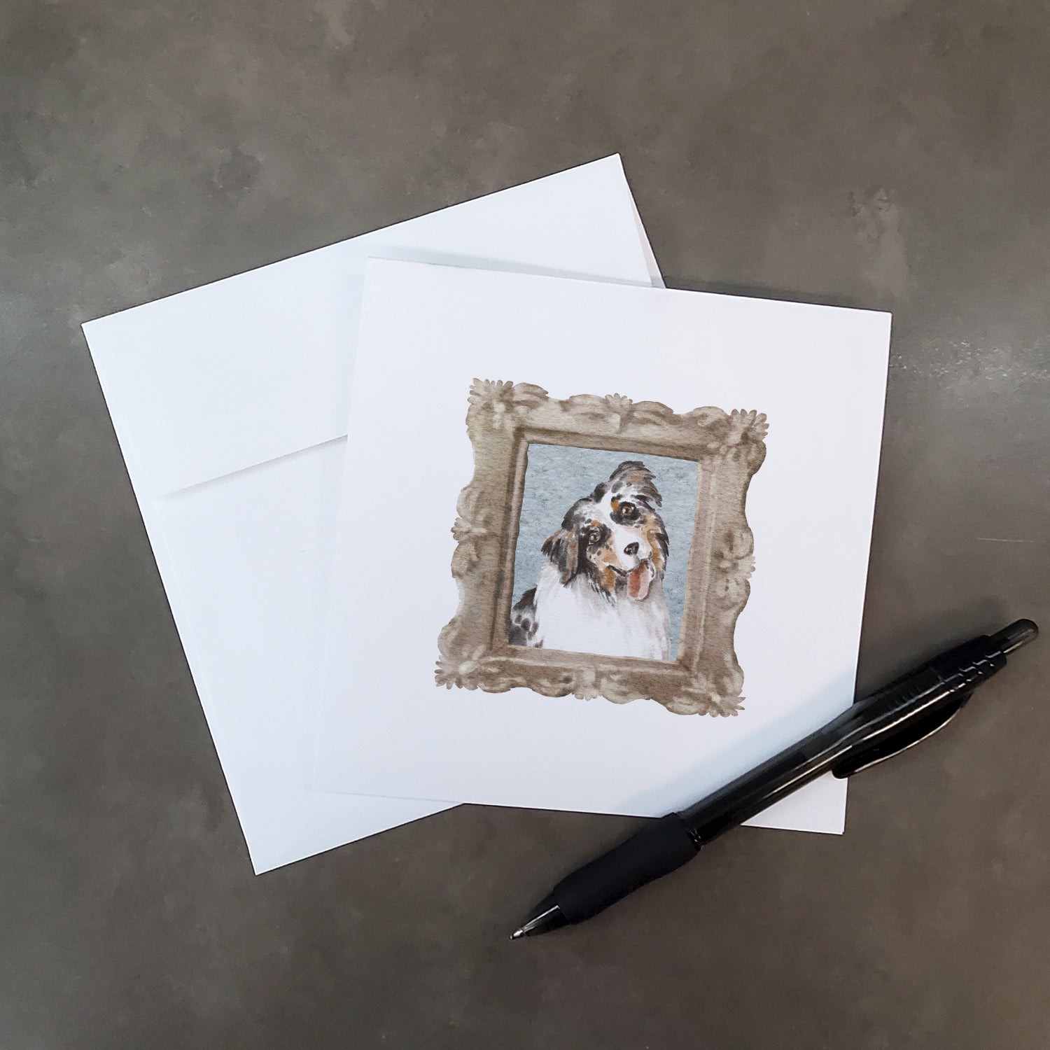 Buy this Australian Shepherd Merle Tongue Out Square Greeting Cards and Envelopes Pack of 8