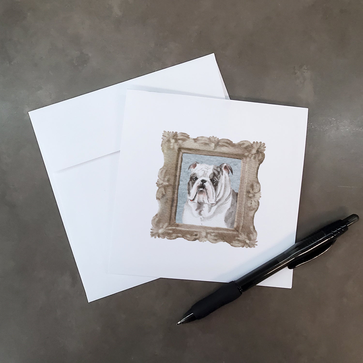 Buy this English Bulldog Black White Front View Square Greeting Cards and Envelopes Pack of 8
