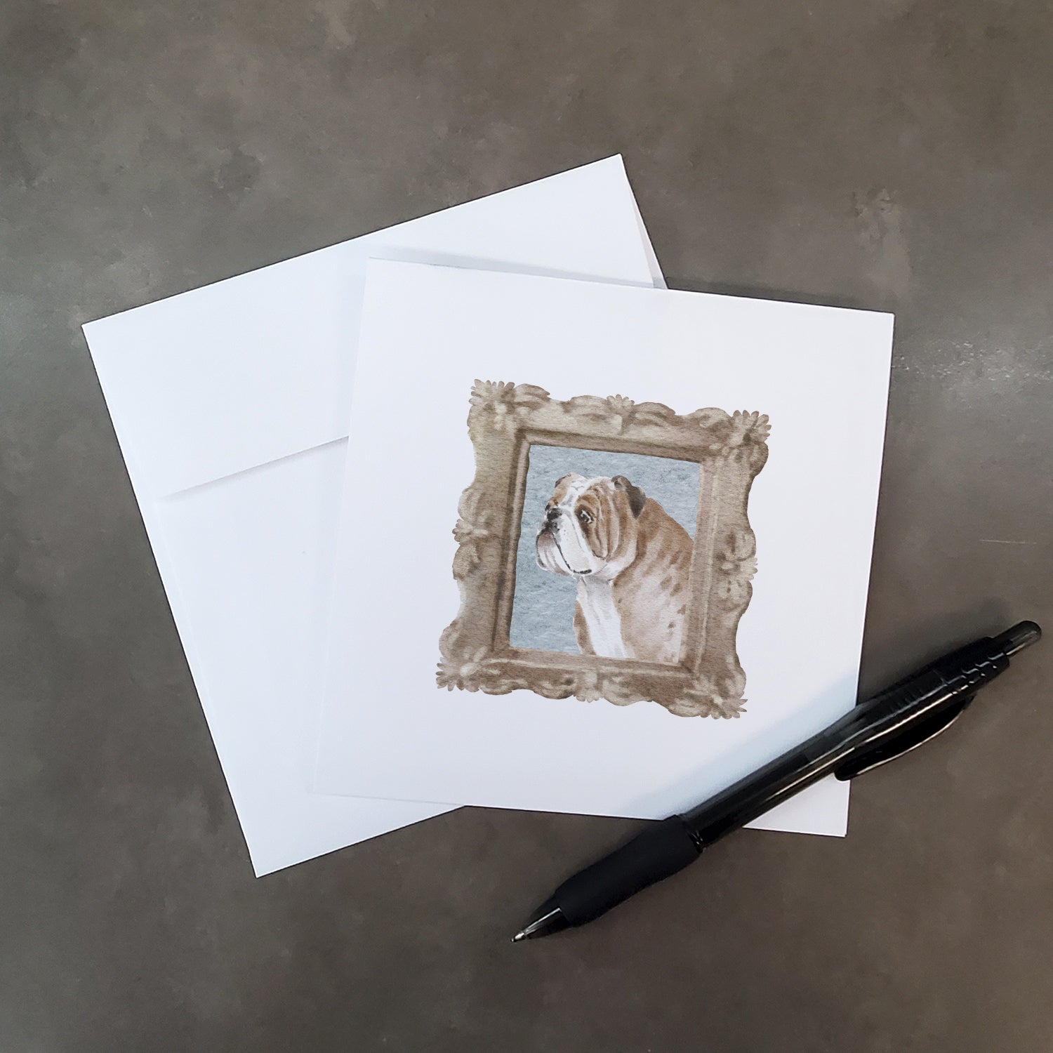 English Bulldog Fawn White Side View Square Greeting Cards and Envelopes Pack of 8 - the-store.com