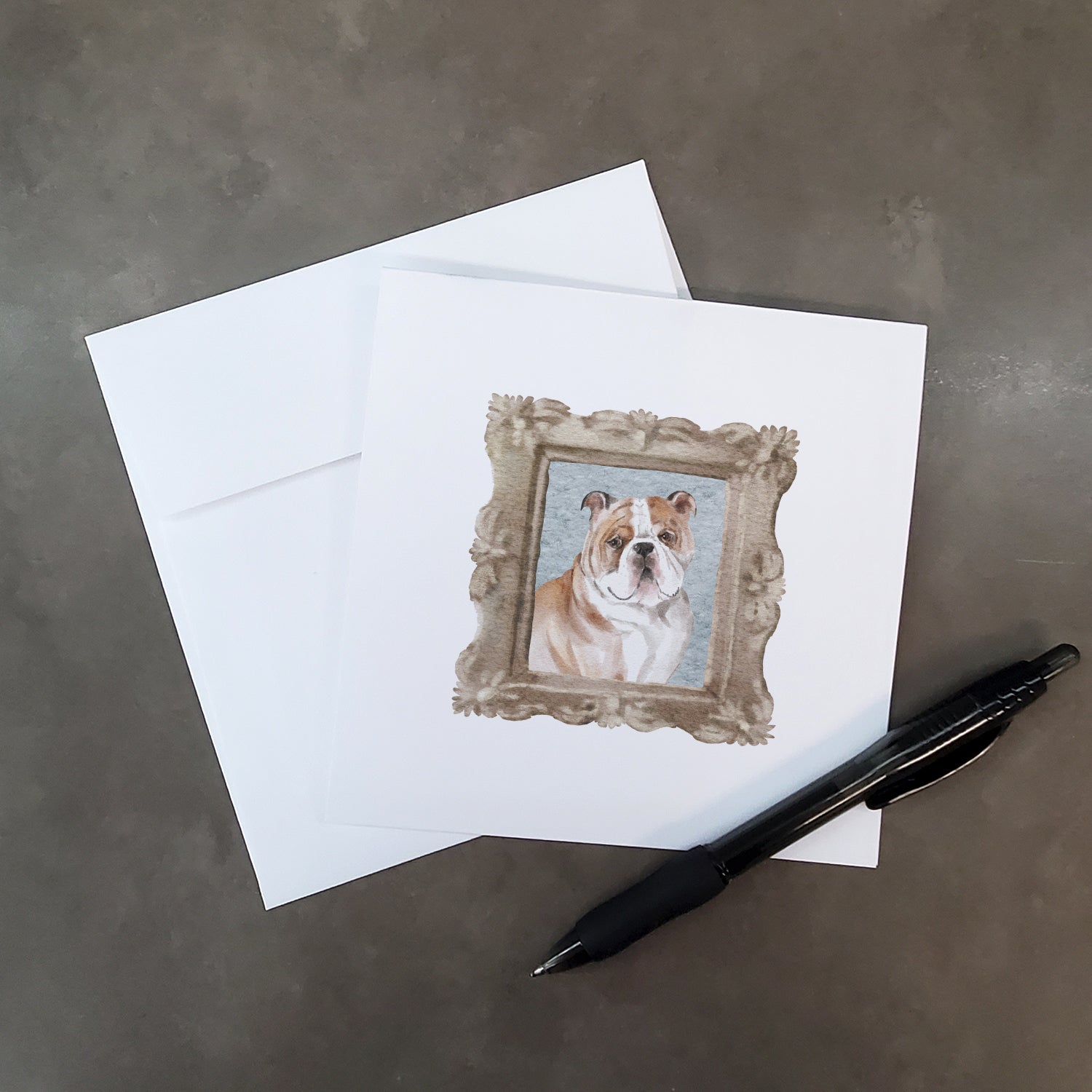 English Bulldog Fawn White Front View 2 Square Greeting Cards and Envelopes Pack of 8 - the-store.com