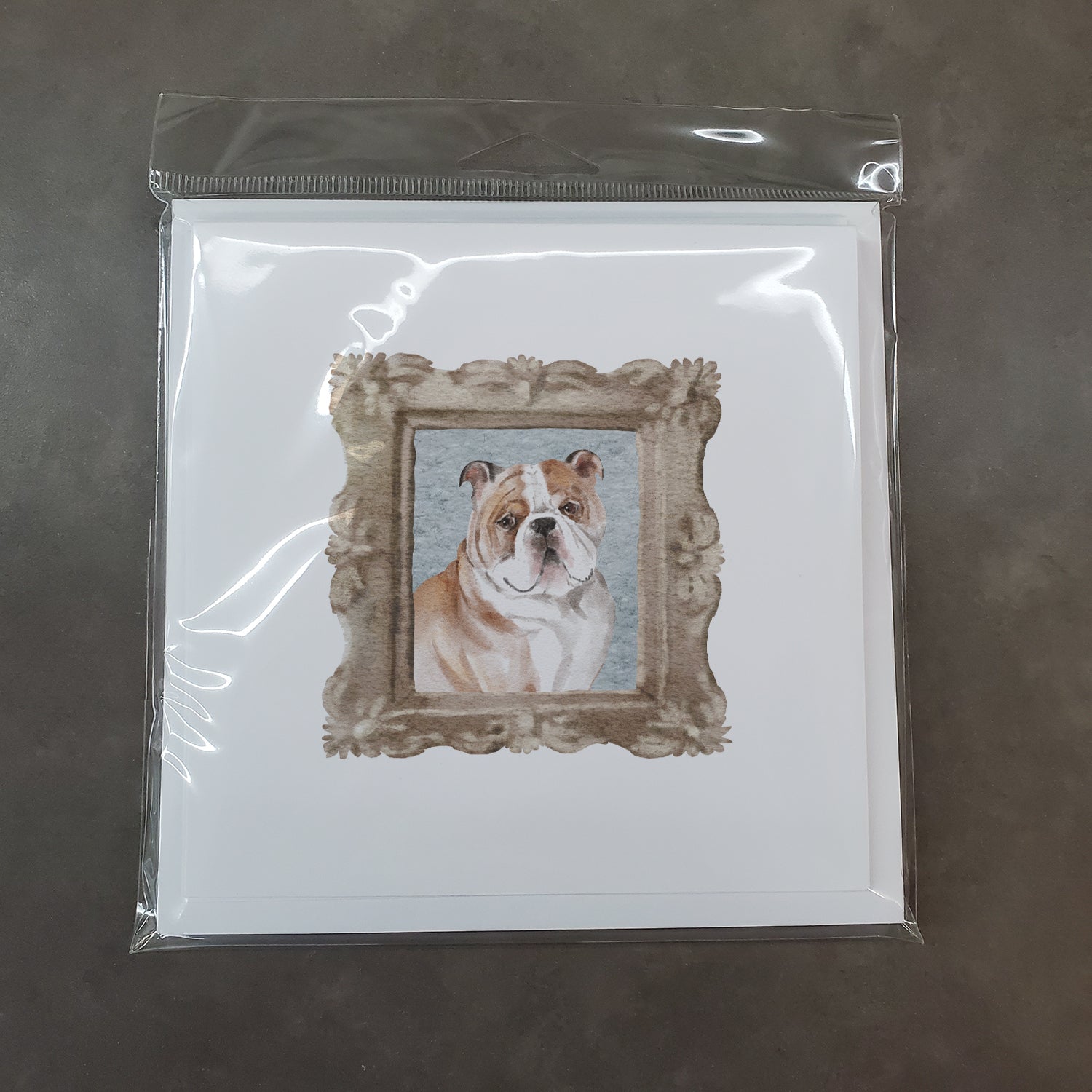 English Bulldog Fawn White Front View 2 Square Greeting Cards and Envelopes Pack of 8 - the-store.com