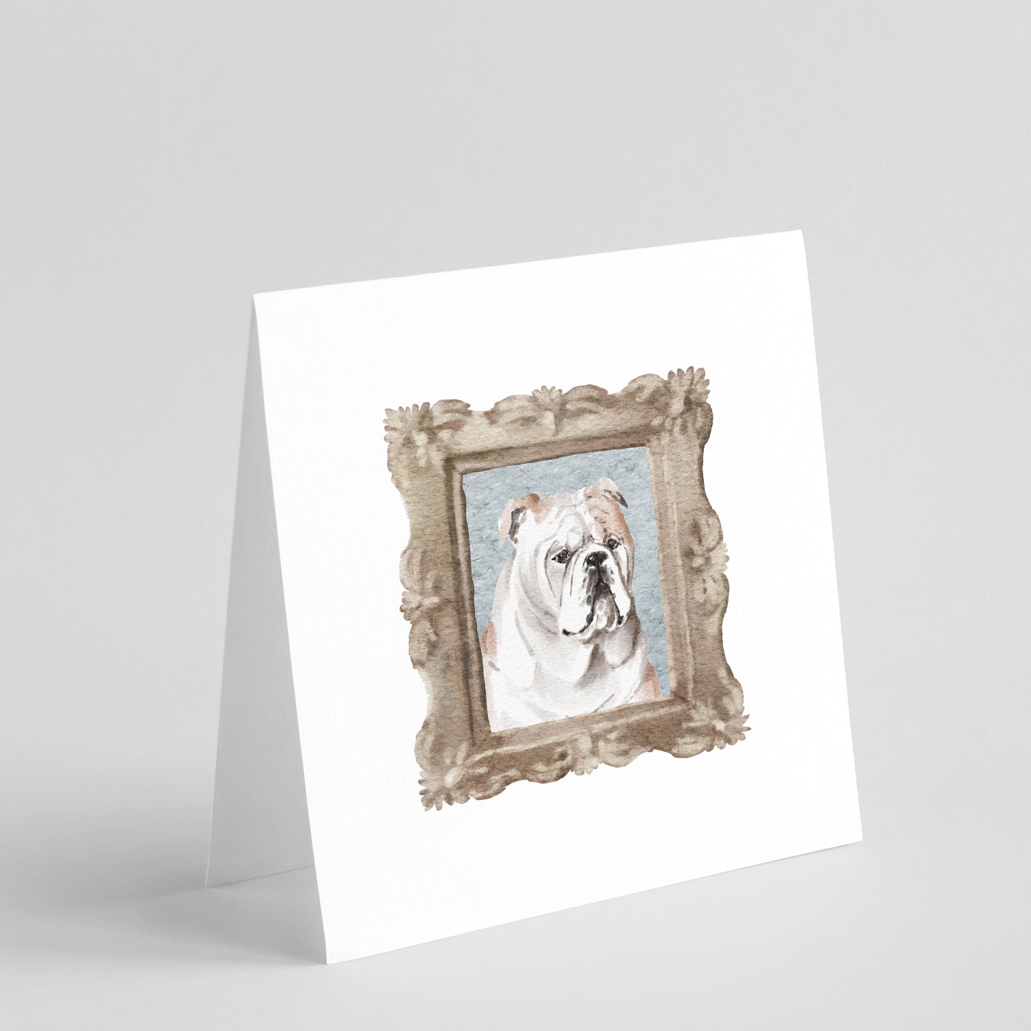 Buy this English Bulldog Fawn White Front View 3 Square Greeting Cards and Envelopes Pack of 8