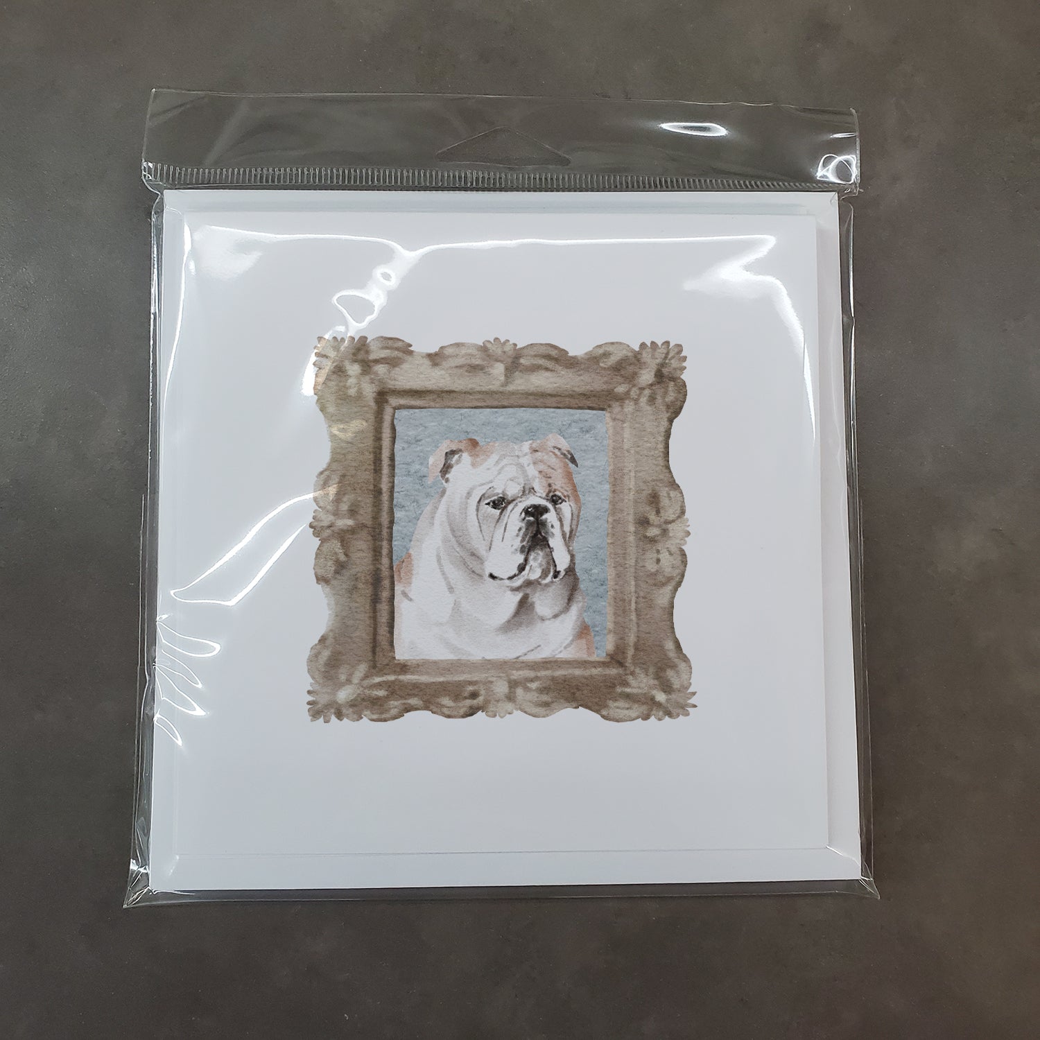 English Bulldog Fawn White Front View 3 Square Greeting Cards and Envelopes Pack of 8 - the-store.com