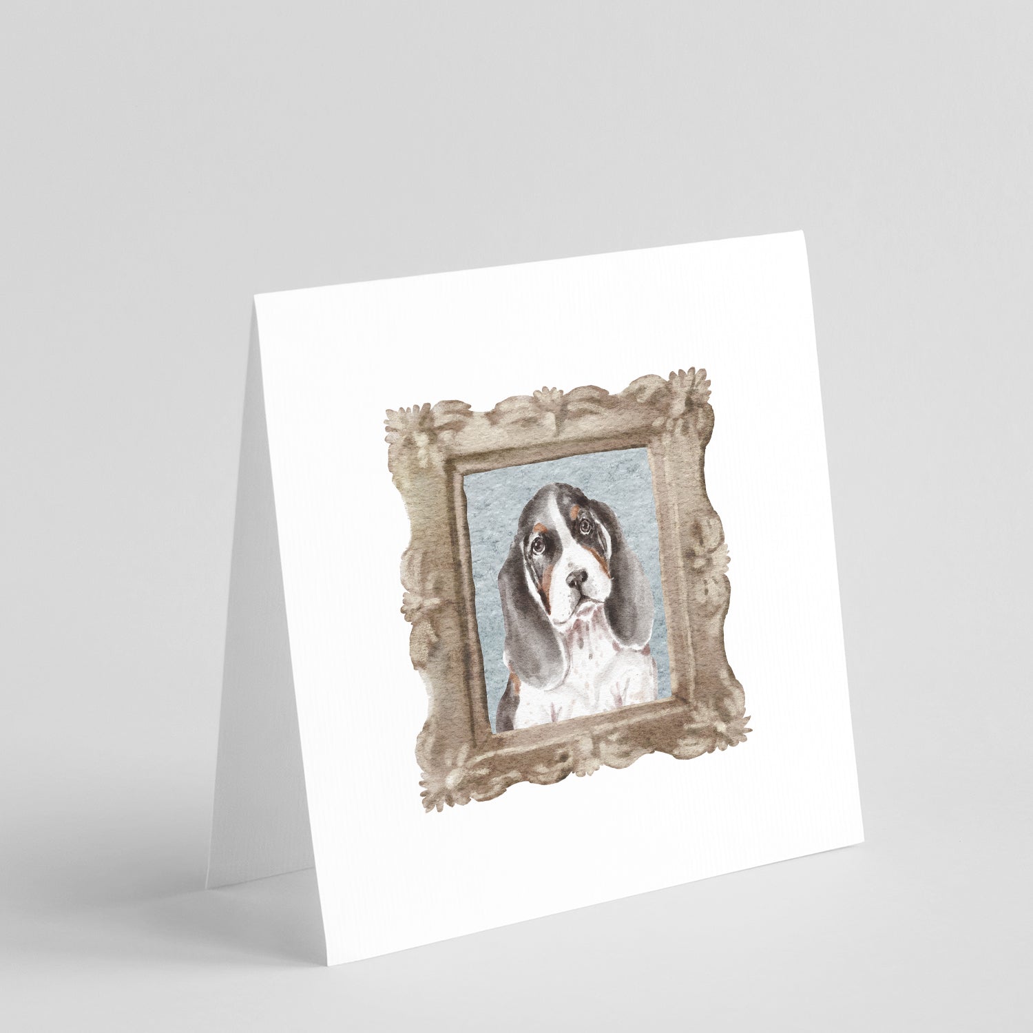 Buy this Basset Hound Tricolor Front View Square Greeting Cards and Envelopes Pack of 8