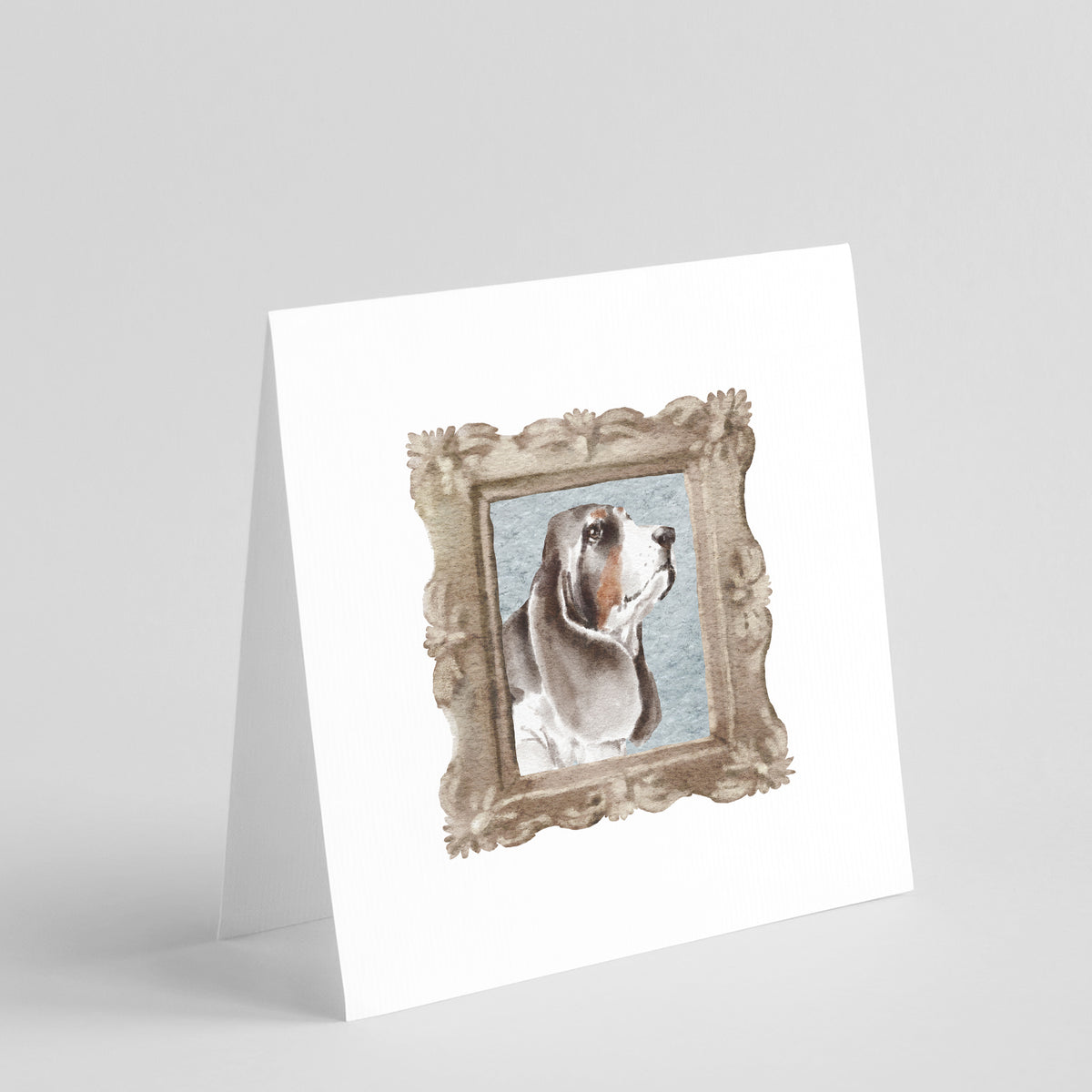 Buy this Basset Hound Tricolor Side View 2 Square Greeting Cards and Envelopes Pack of 8