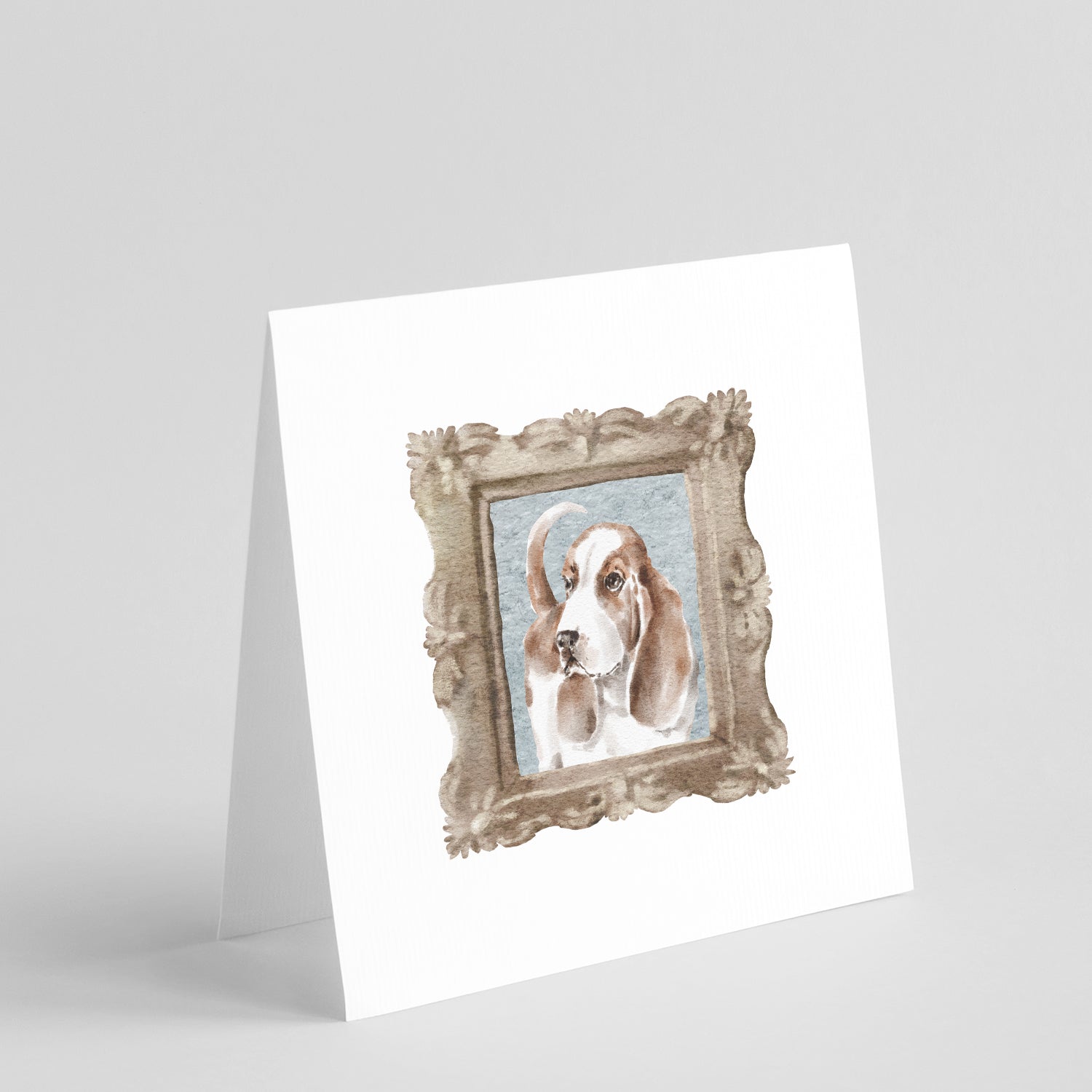 Buy this Basset Hound Red White With Tail Square Greeting Cards and Envelopes Pack of 8