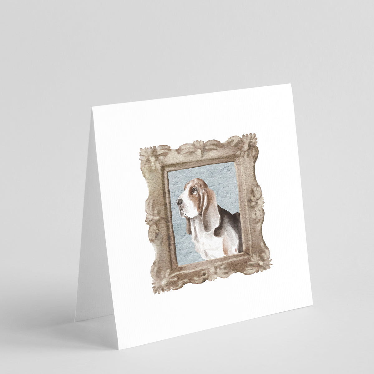 Buy this Basset Hound Tricolor Side View 3 Square Greeting Cards and Envelopes Pack of 8