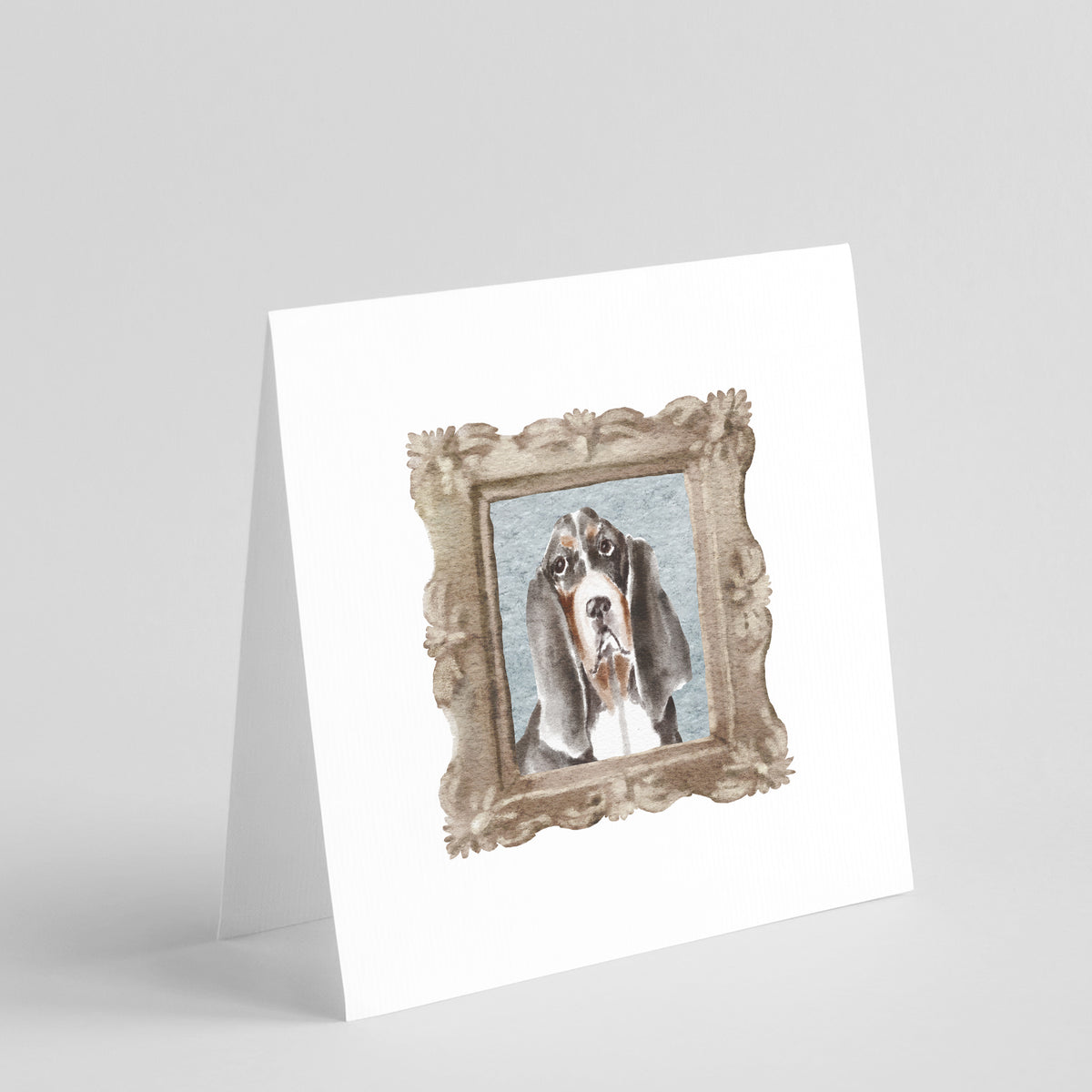 Buy this Basset Hound Tricolor Front View 3 Square Greeting Cards and Envelopes Pack of 8